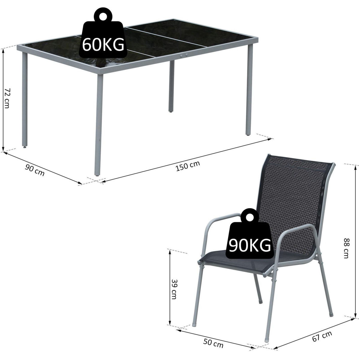 OUTSUNNY Ensemble de jardin 6 pers. 6 chaises empilables table plateau verre trempé 5 mm métal époxy gris textilène noir