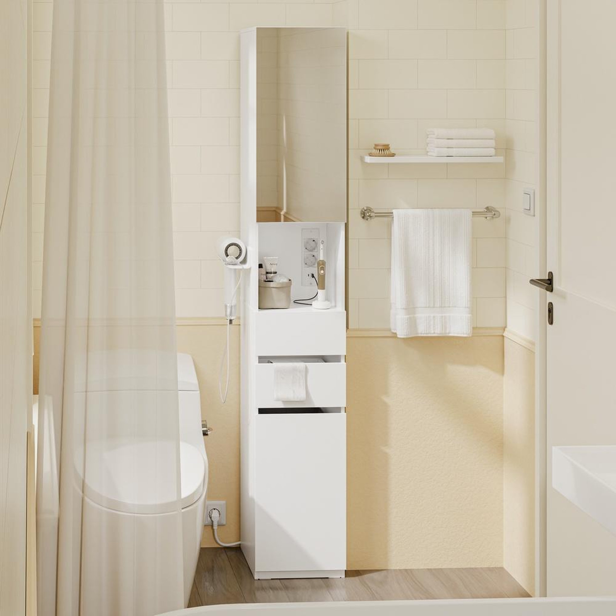 Voir la diapositive 2 : SOBUY Armoire haute de salle de bain avec miroir et tiroirs, blanc, 30x30x180,5 cm, bzr240-e-w
