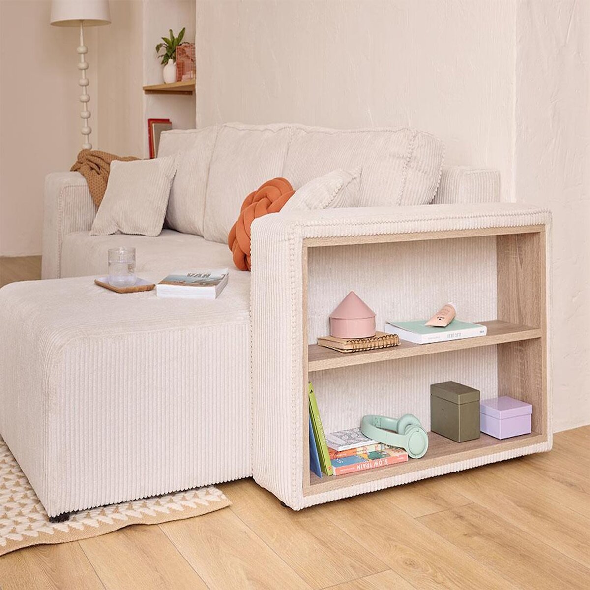 BEST MOBILIER Topaze - canapé d'angle réversible 4 places - convertible avec coffre, tablette et poufs - en velours côtelé