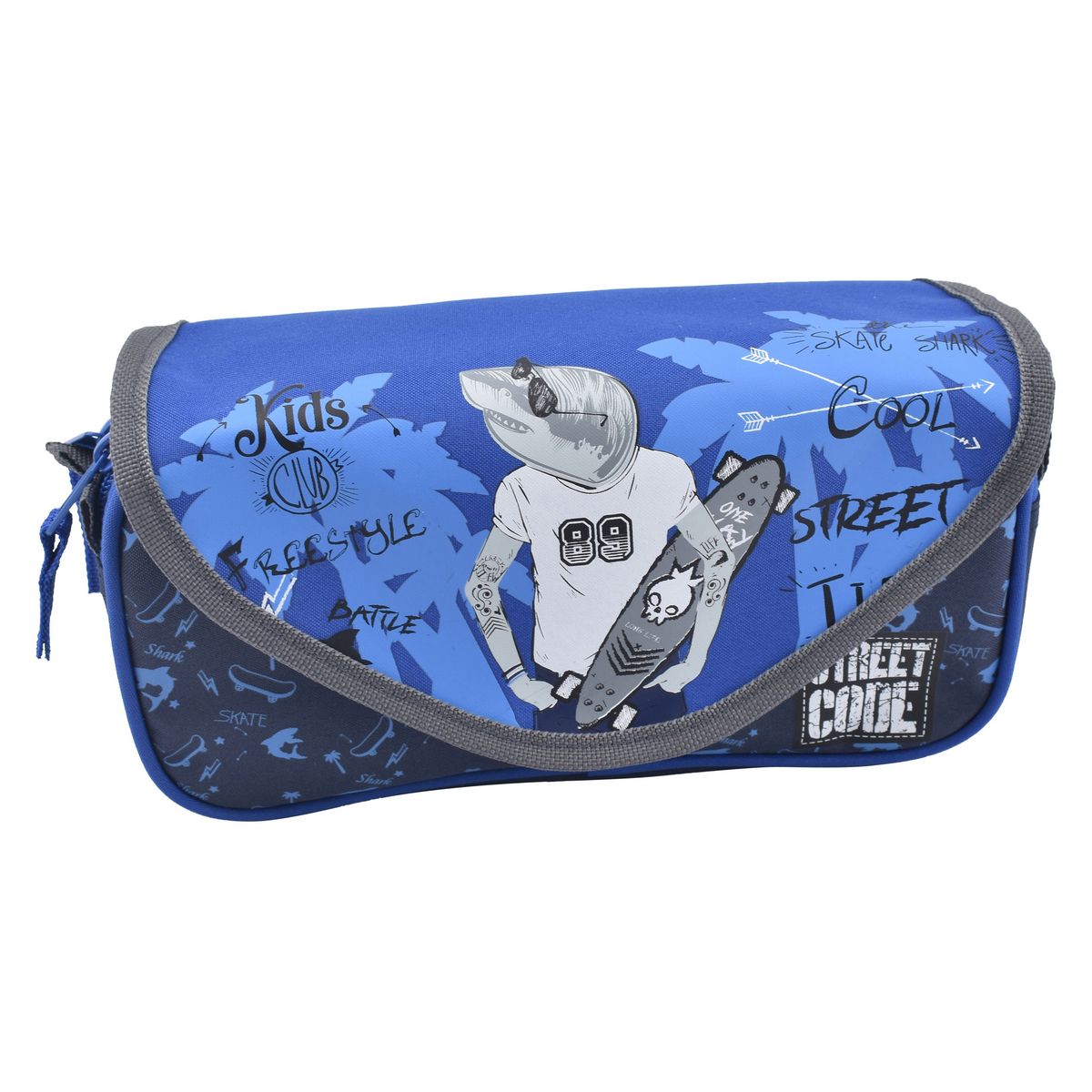 AUCHAN Trousse scolaire 2 compartiments avec rabat polyester bleu REQUIN STREET CODE