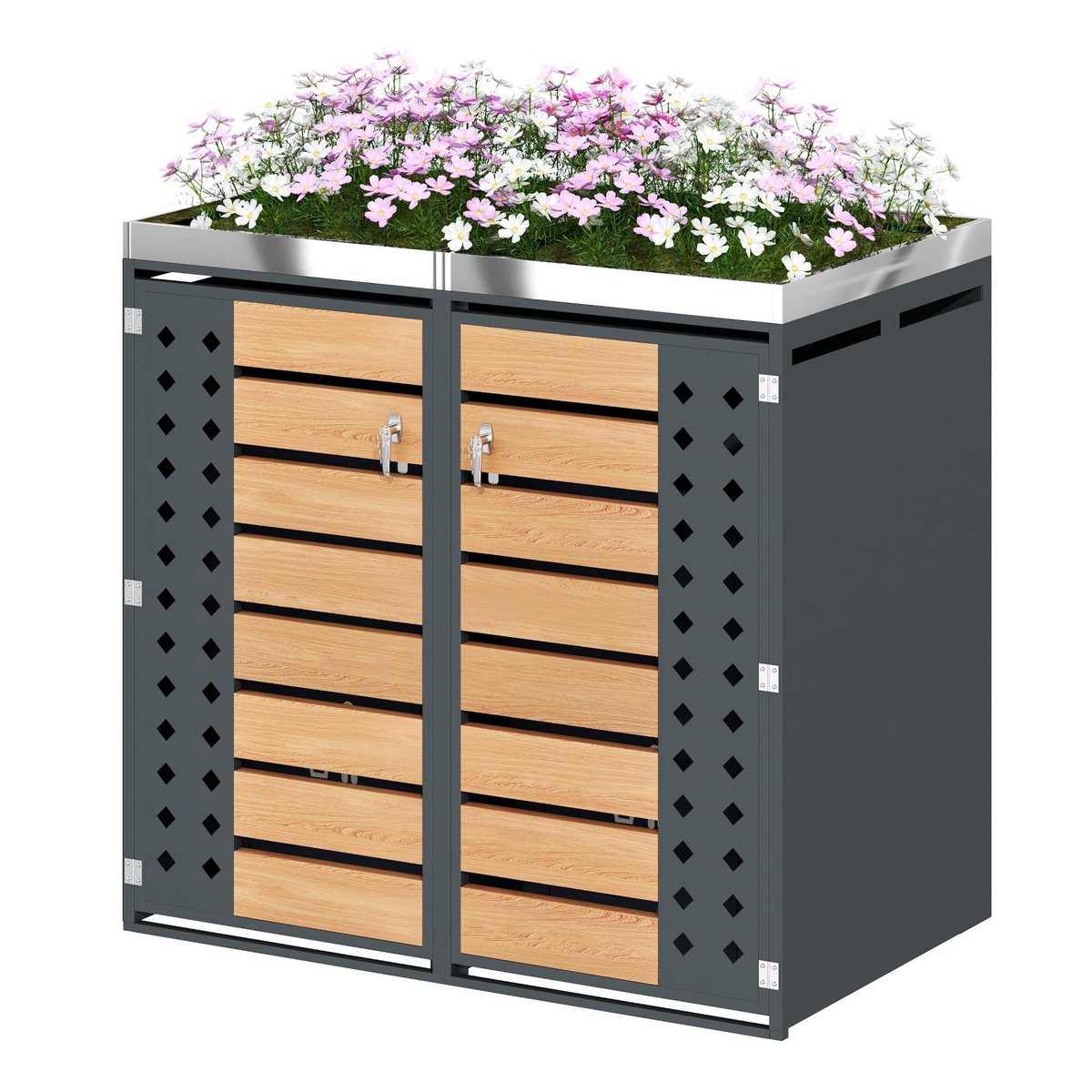 MERAX Cache Poubelle Extérieur 2 Bacs avec Verrouillage et Jardinière, Gris