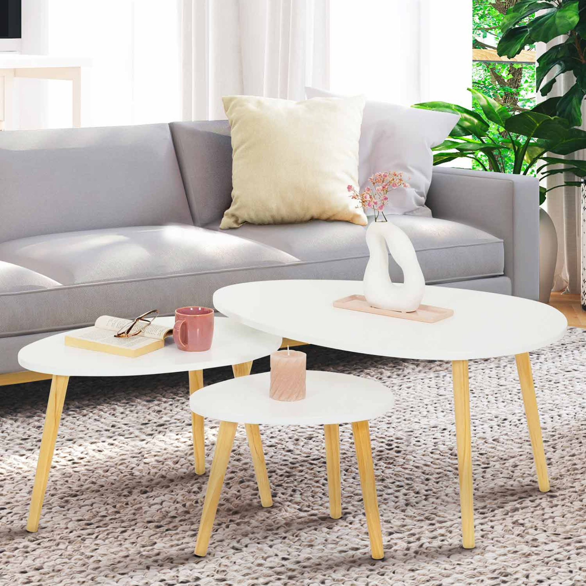 Voir la diapositive 2 : ID MARKET Lot de 3 tables basses gigognes gaia blanc scandinave