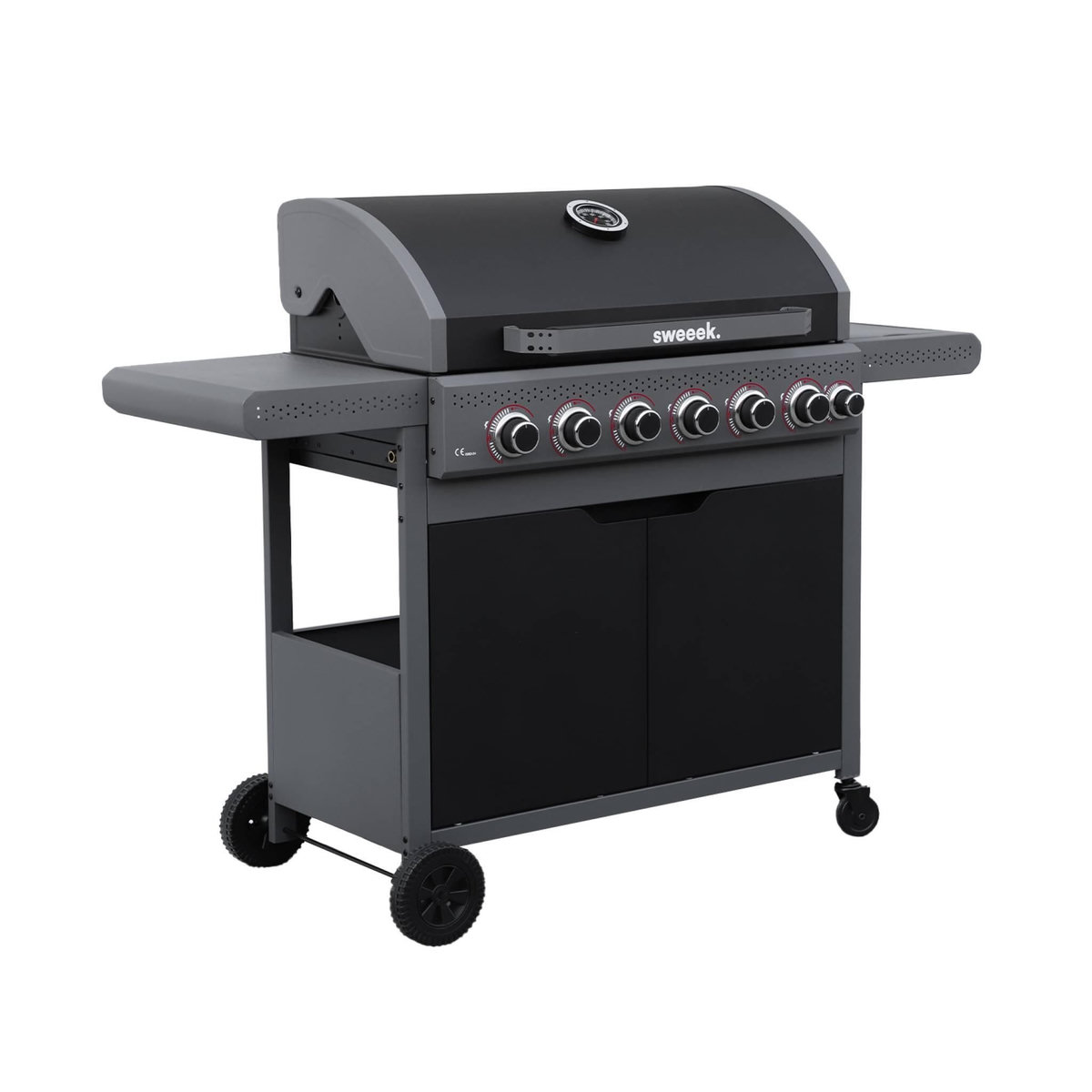 SWEEEK Barbecue au gaz Edmond noir - 6 brûleurs + 1 feu latéral. avec thermomètre. L 132x P62 x H143 cm