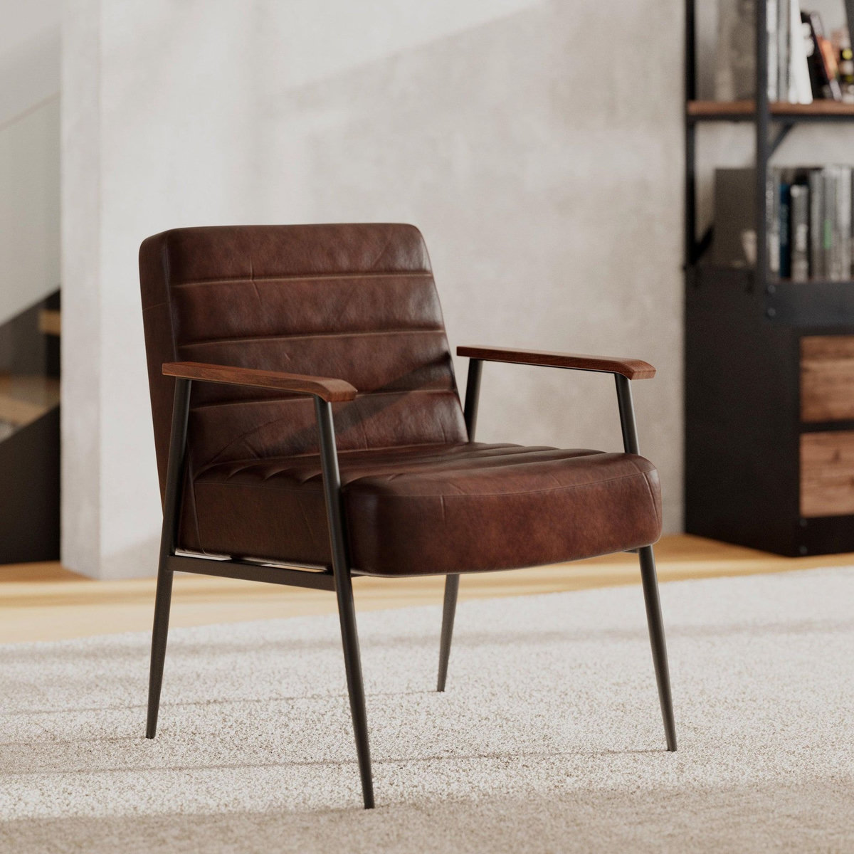 MAISON PAVANE Fauteuil en cuir de buffle marron et métal noir-Hugues