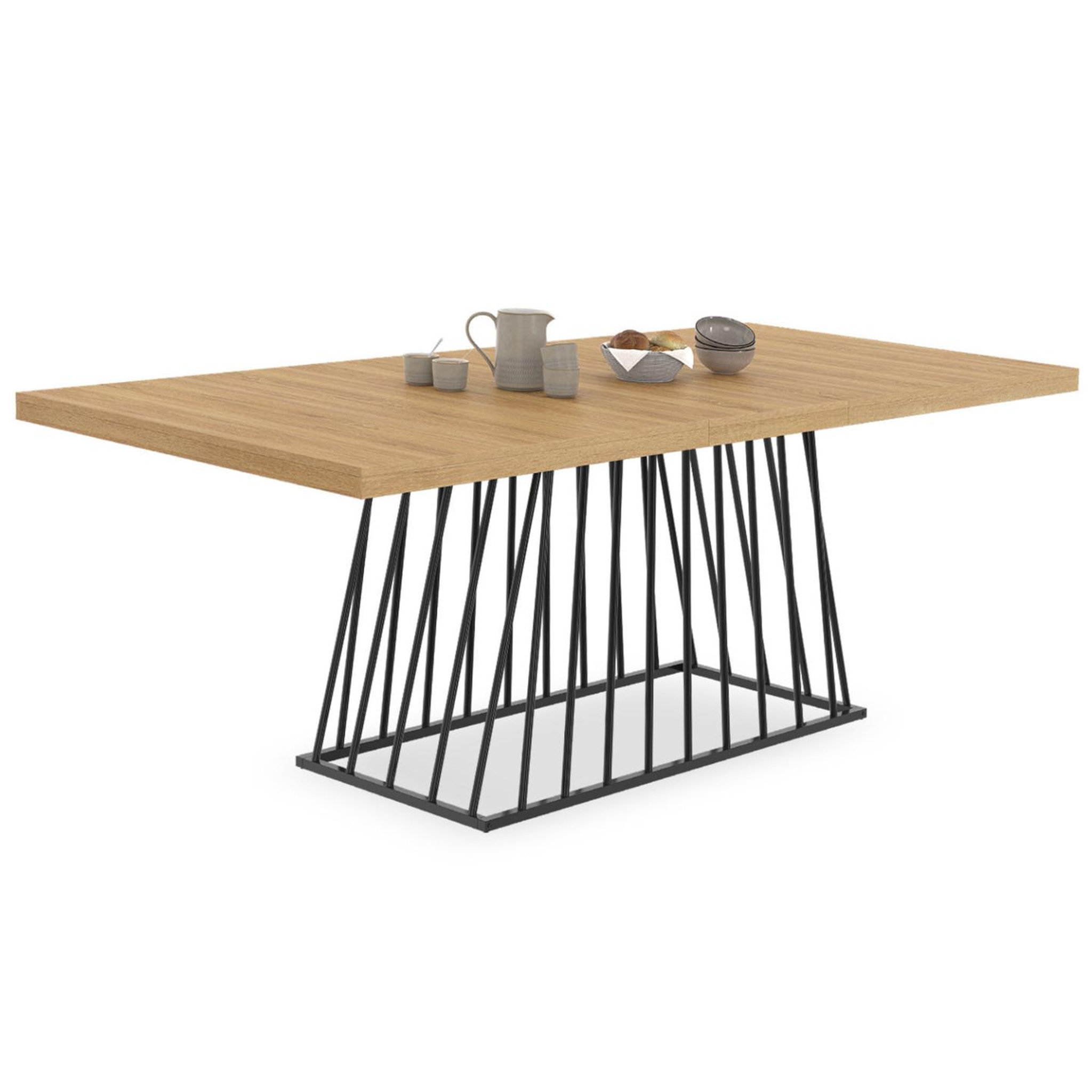 ID MARKET Table à manger extensible rectangle yuna 6-10 personnes plateau bois et pied filaire en métal noir 160 - 200 cm