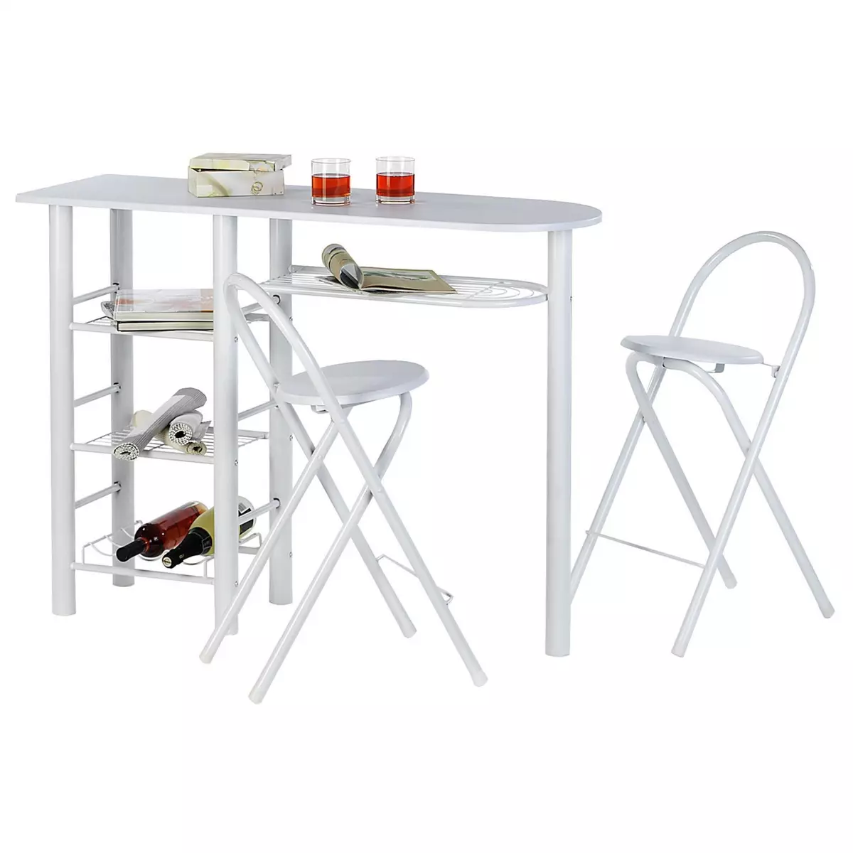 IDIMEX Ensemble STYLE avec table haute de bar mange-debout comptoir et 2 chaises/tabourets, en MDF blanc mat et structure en métal blanc