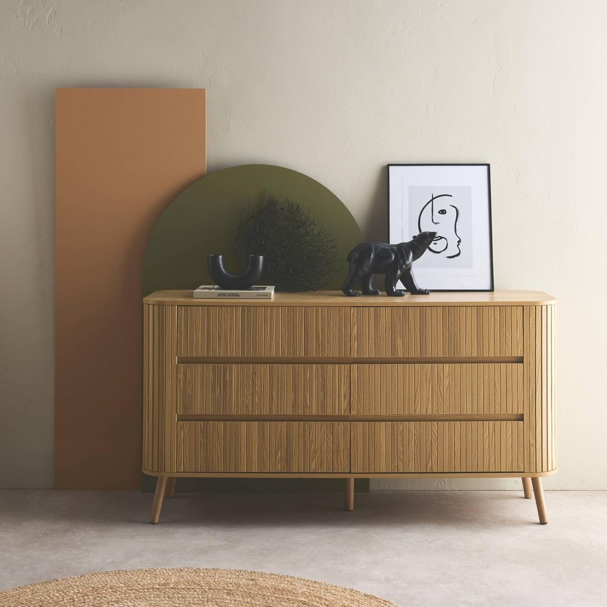 SWEEEK Commode 6 tiroirs. décor strié naturel. L 150 x P 45  H 80cm