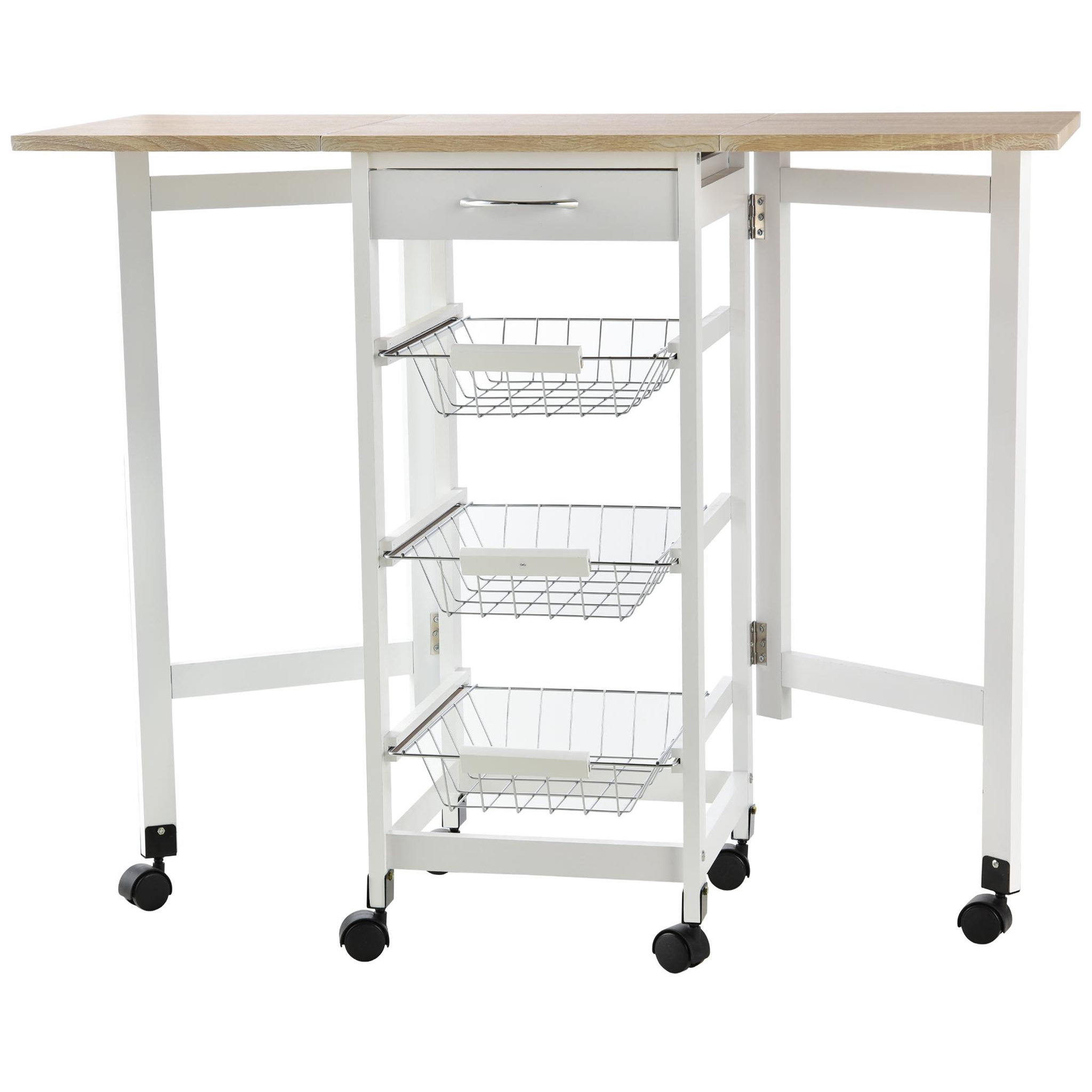 Voir la diapositive 1 : HOMCOM Chariot de service desserte de cuisine à roulettes multi-rangements 3 paniers métal + tiroir + rallonges mdf blanc chêne clair