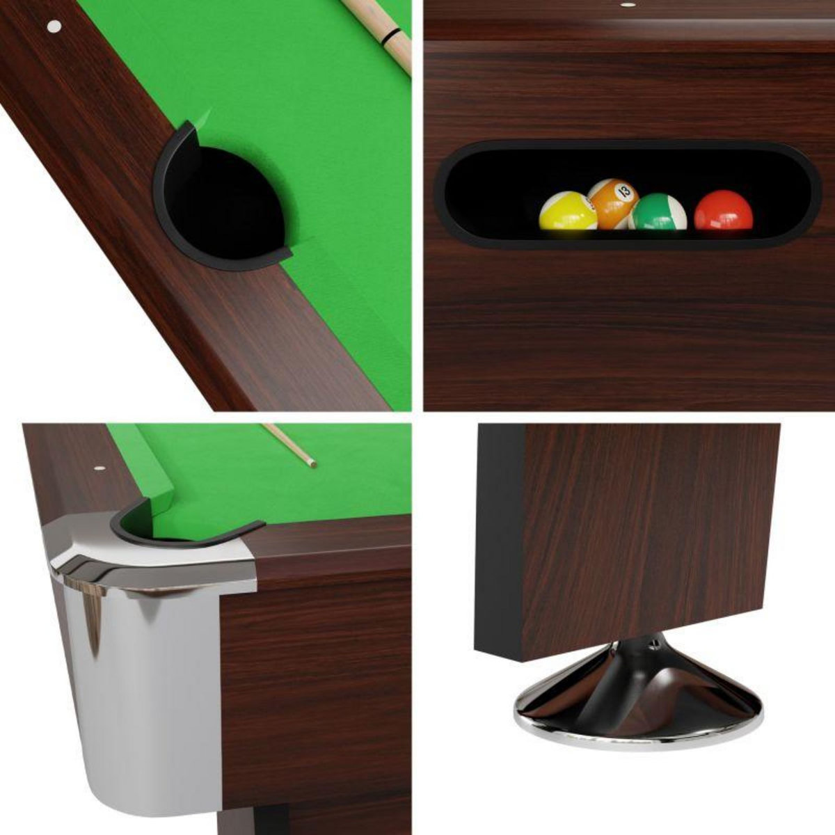 PLAY4FUN Billard Americain avec Retour de boules automatique et Accessoires -Marron et Tapis Vert - 213 x 122 cm