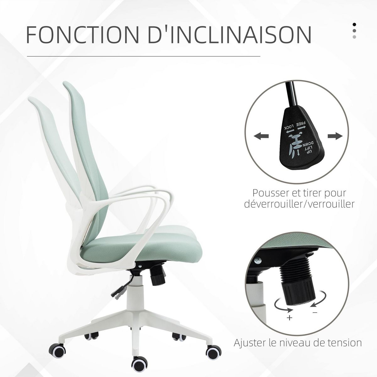 VINSETTO Fauteuil de Bureau ergonomique avec accoudoirs et roulettes pivotant - Fonction Inclinaison et Hauteur réglable dim. 62L x 56l x 119,5H cm - Vert