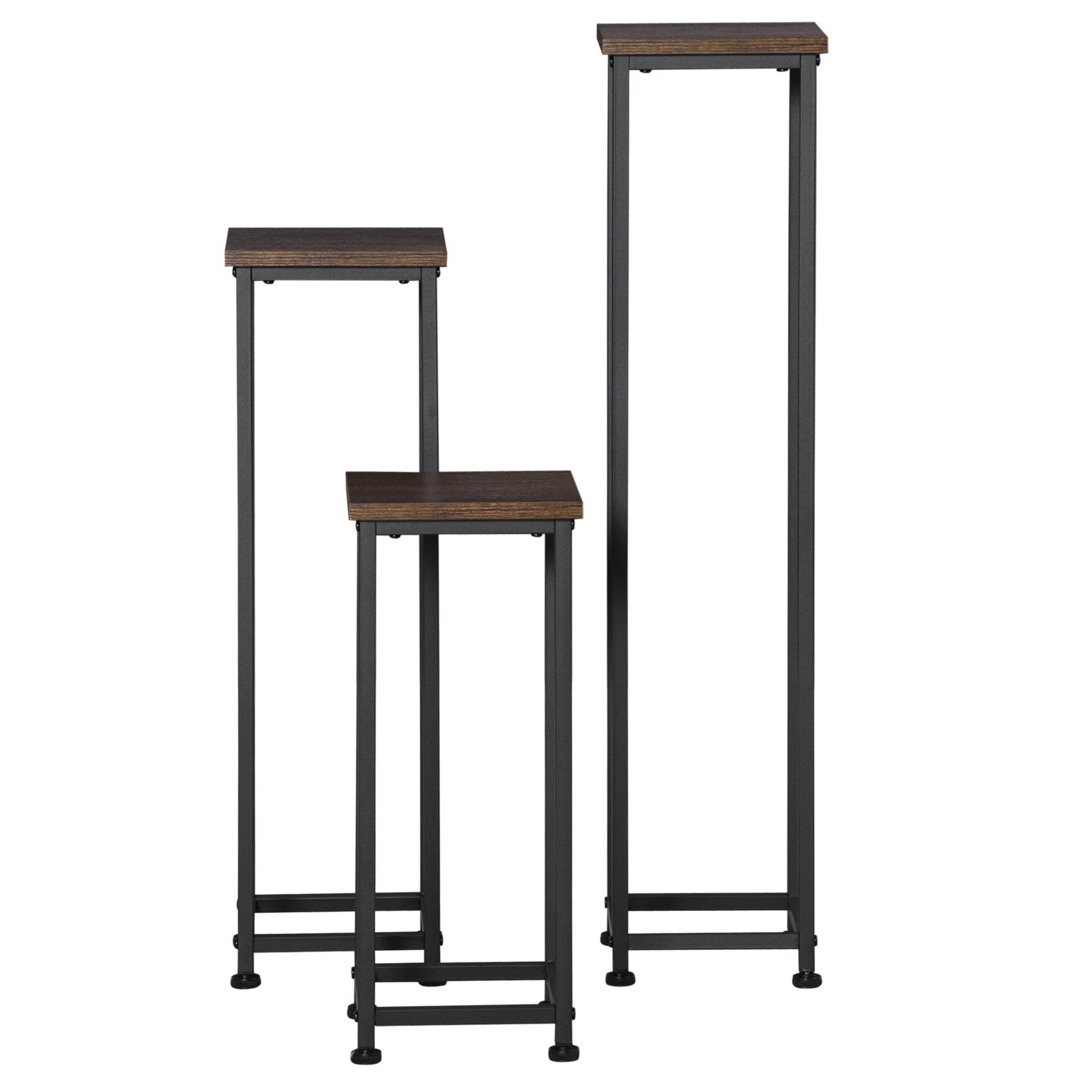 Voir la diapositive 5 : OUTSUNNY Support pots de fleurs 3 pièces - lot de 3 étagères à fleurs - portes plantes - acier époxy noir plateaux aspect bois de noyer