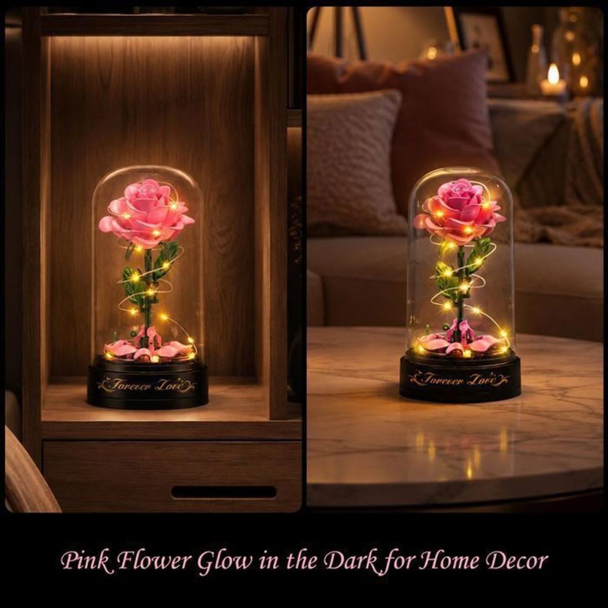 Voir la diapositive 5 : Kit de construction bouquet de roses gothiques avec LEDs intégrées, 126 pièces, fleurs rose et base noire