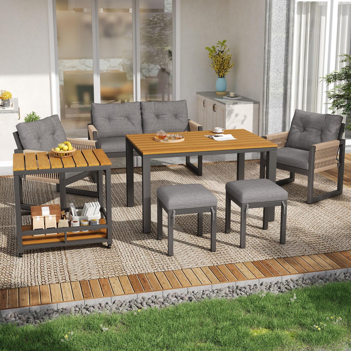 MERAX Salon de jardin 6 places avec canapé 2 places, 2 fauteuils, 2 poufs et table amovible,gris bois