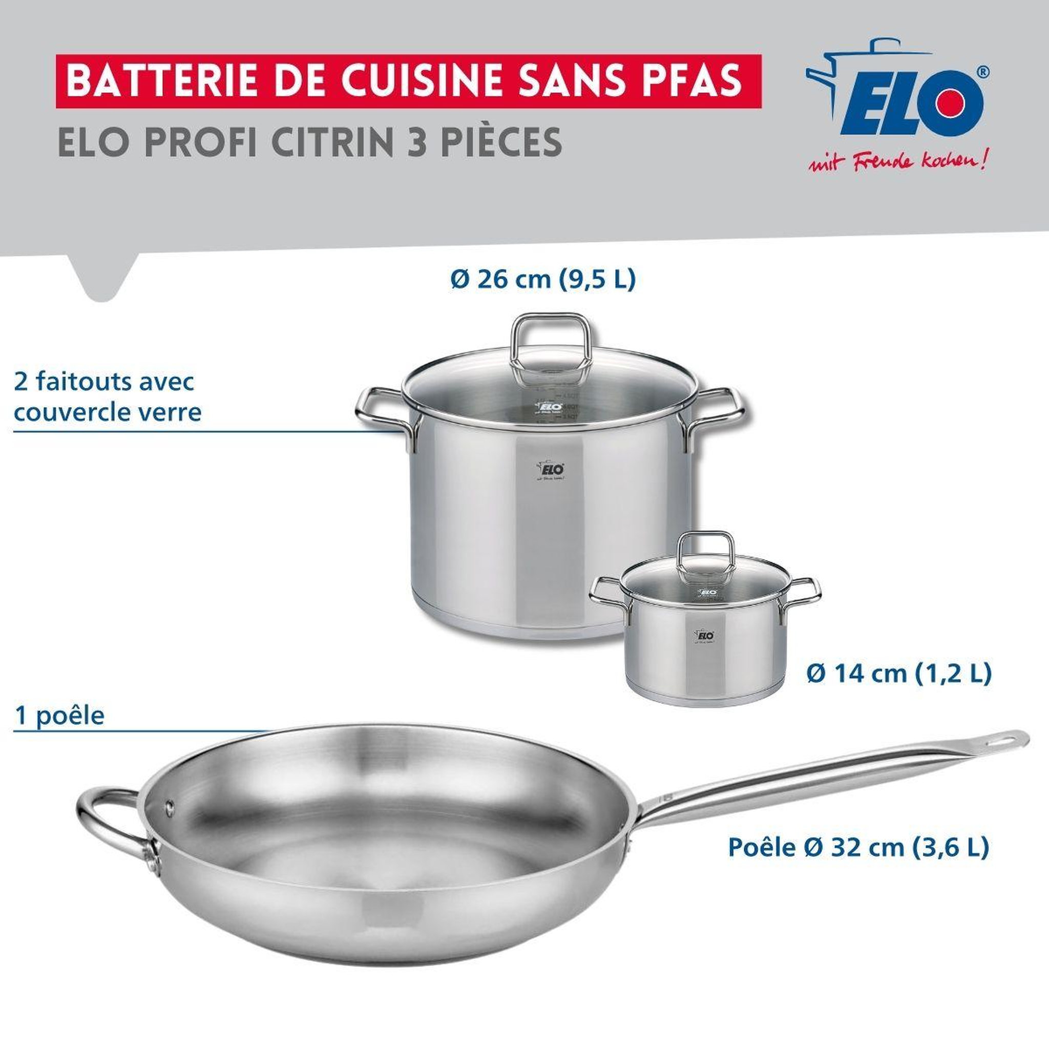 Voir la diapositive 2 : ELO Ensemble de 1 poêle de cuisson 32 cm et 2 faitouts 14 et 26 cm elo profi citrin