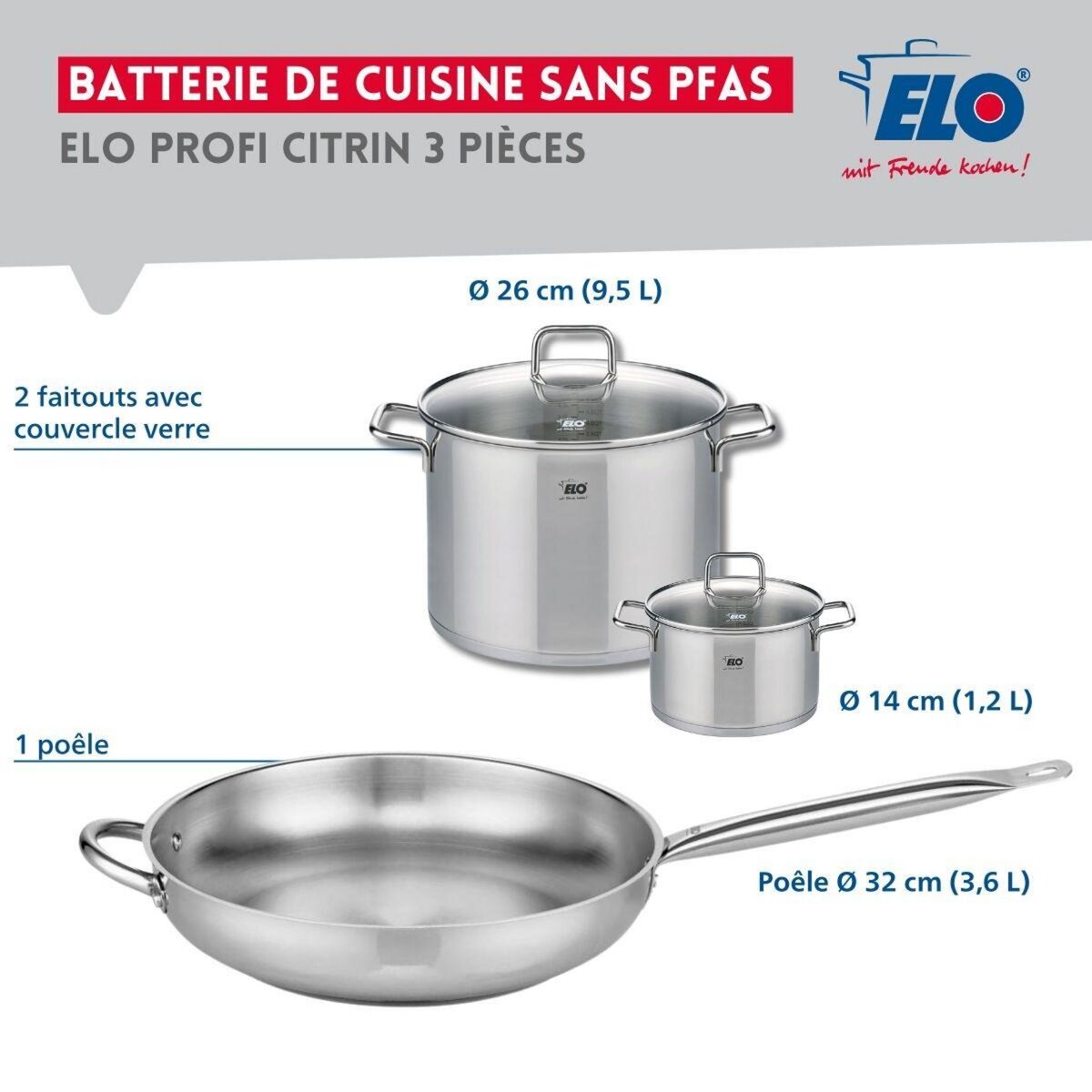 ELO Ensemble de 1 Poêle de cuisson 32 cm et 2 faitouts 14 et 26 cm Elo Profi Citrin