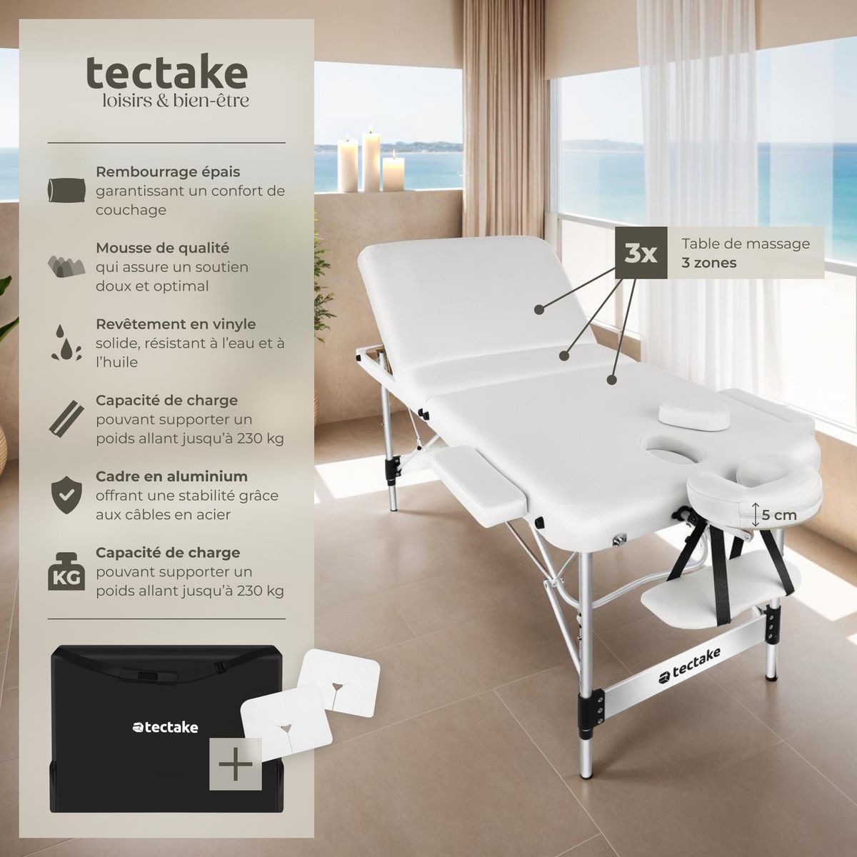 tectake Table 3 zones de massage largeur 78 cm et rembourrage 5 cm blanc