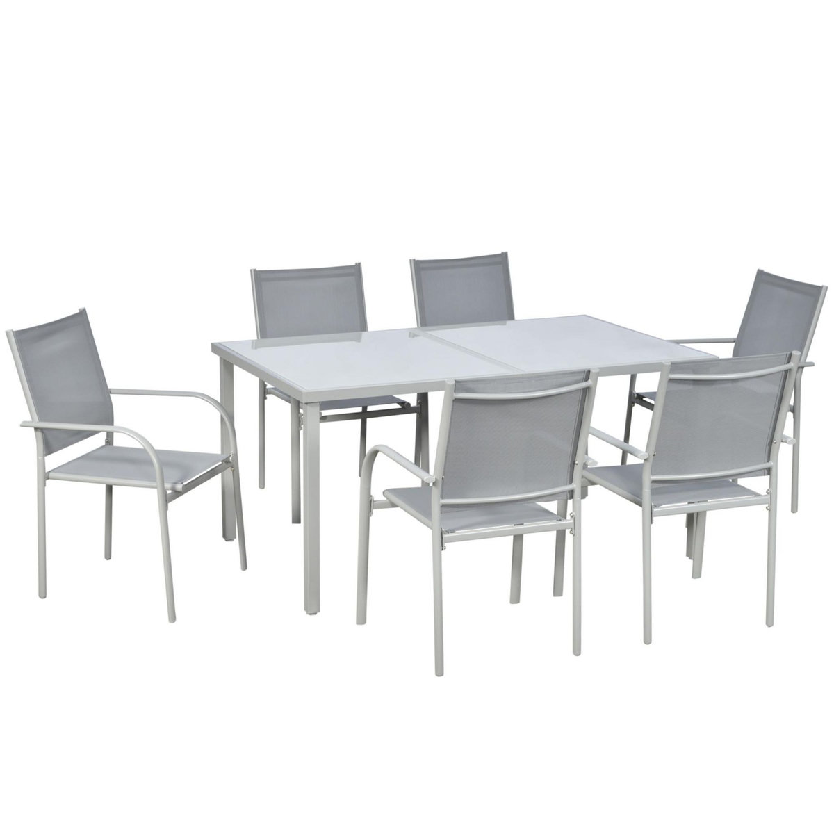 OUTSUNNY Ensemble de jardin 6 personnes chaises empilables table à manger dim. 150L x 90l x 72H cm plateau verre acier époxy textilène gris