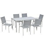 OUTSUNNY Ensemble de jardin 6 personnes chaises empilables table à manger dim. 150L x 90l x 72H cm plateau verre acier époxy textilène gris