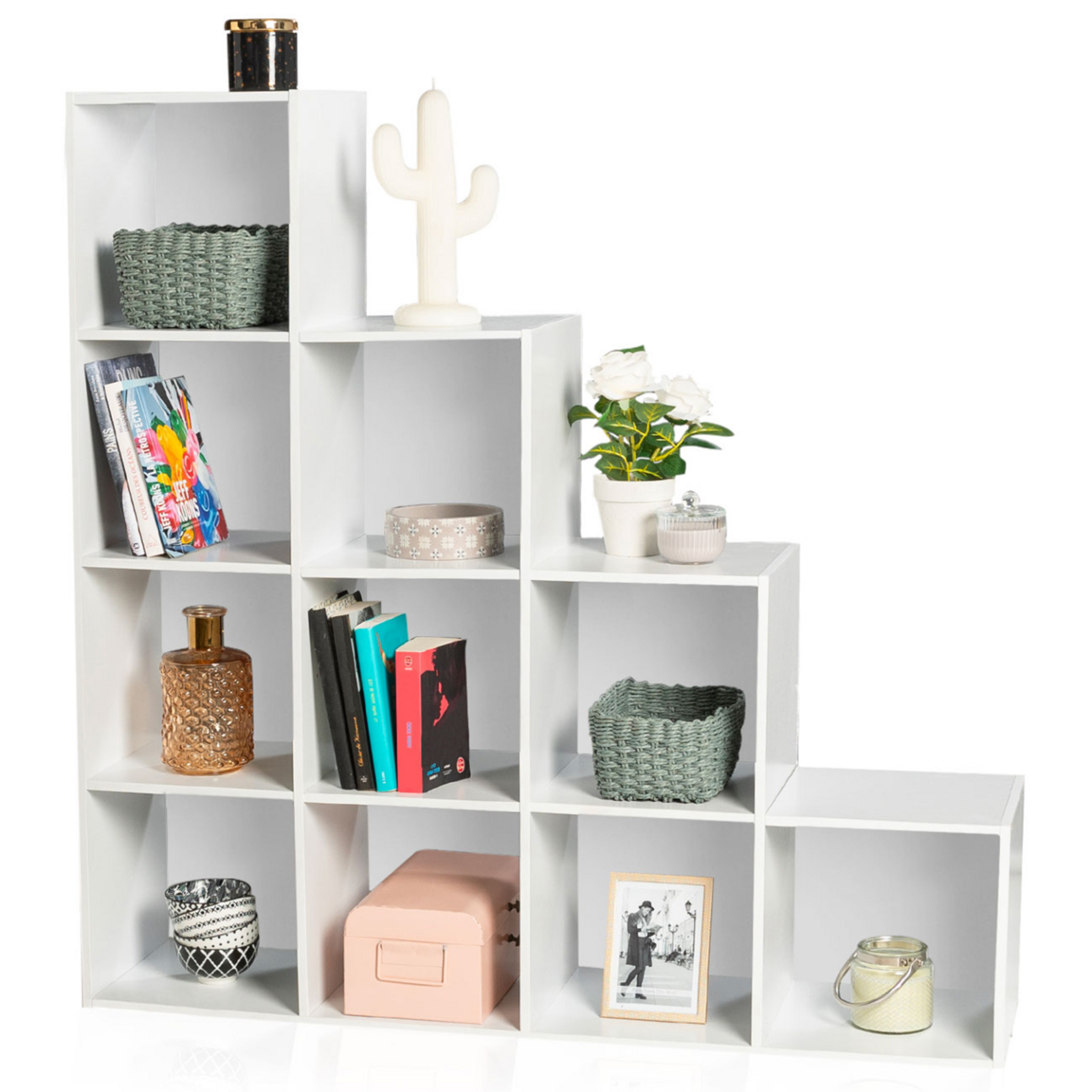 Meuble De Rangement En Escalier LIAM 4 Niveaux Bois Blanc Fond Gris Avec Portes Et Tiroirs 67d4058953fc79f94e5f3715