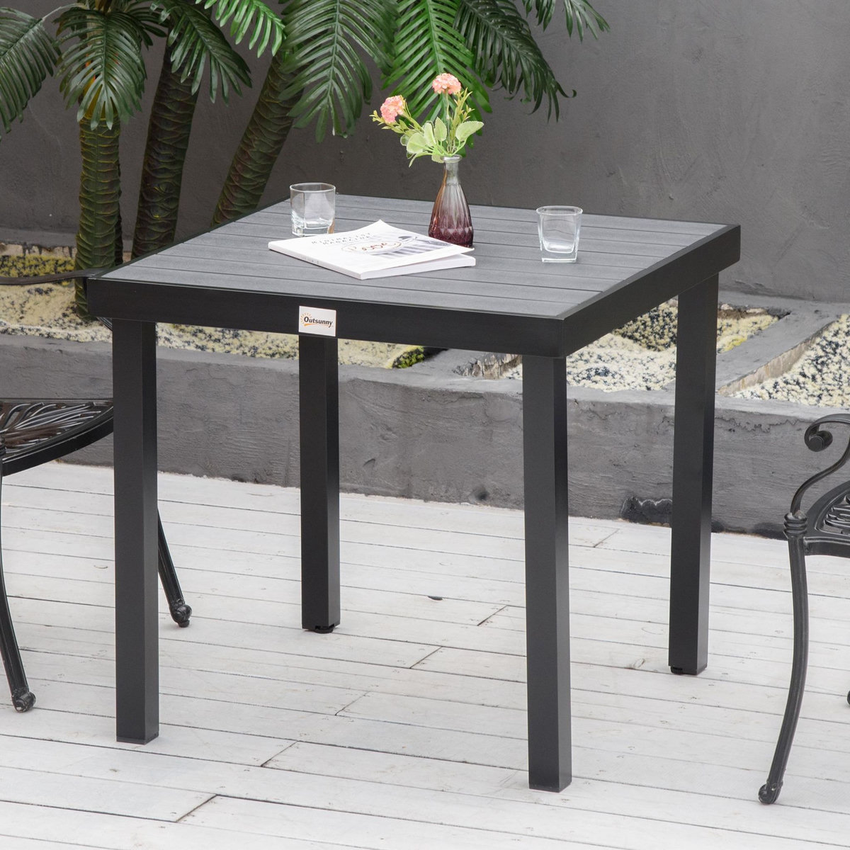 OUTSUNNY Table de jardin 2 personnes dim. 78 x 78 x 74 cm aluminium noir plastique effet bois