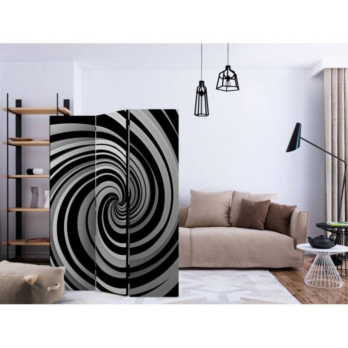 Paris Prix Paravent 3 Volets  Black & White Swirl  135x172cm