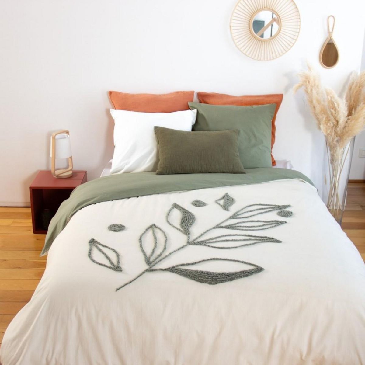 COTE DECO Housse de couette 260x240 + 2 taies HERBIER en coton lavé