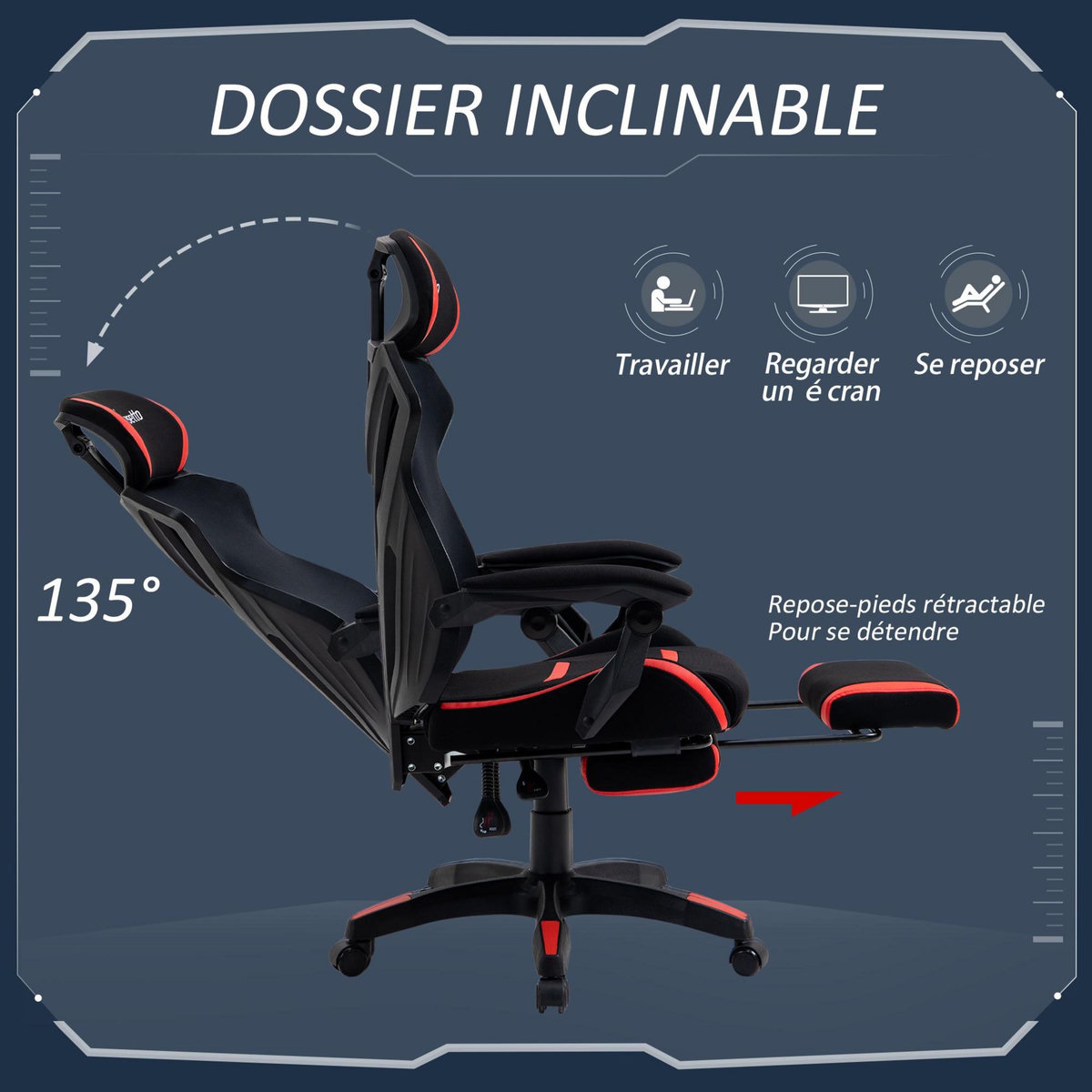 VINSETTO Vinsetto Fauteuil gaming chaise gamer réglable pivotant dossier inclinable repose-pied polyester rouge noir