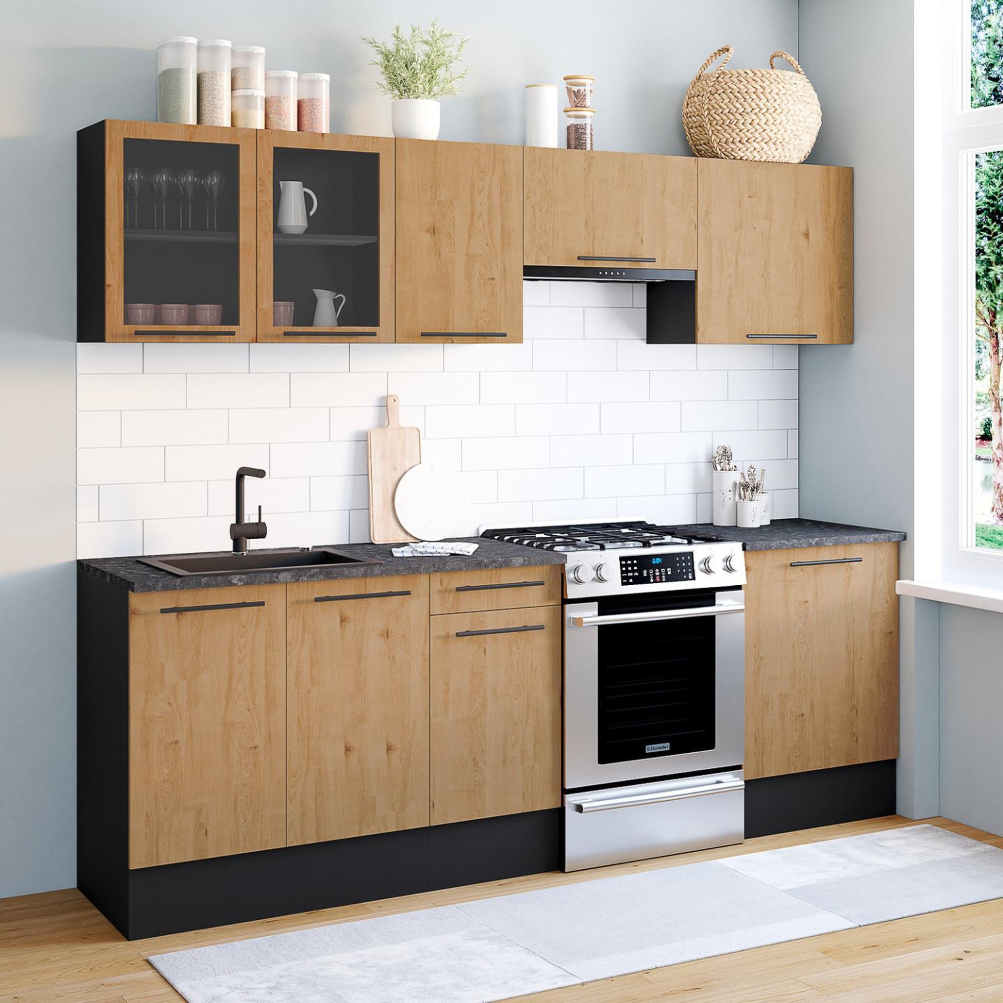 Voir la diapositive 2 : ID MARKET Cuisine complète 240 cm subtil avec vitrine + plan de travail 7 éléments noir et façon hêtre