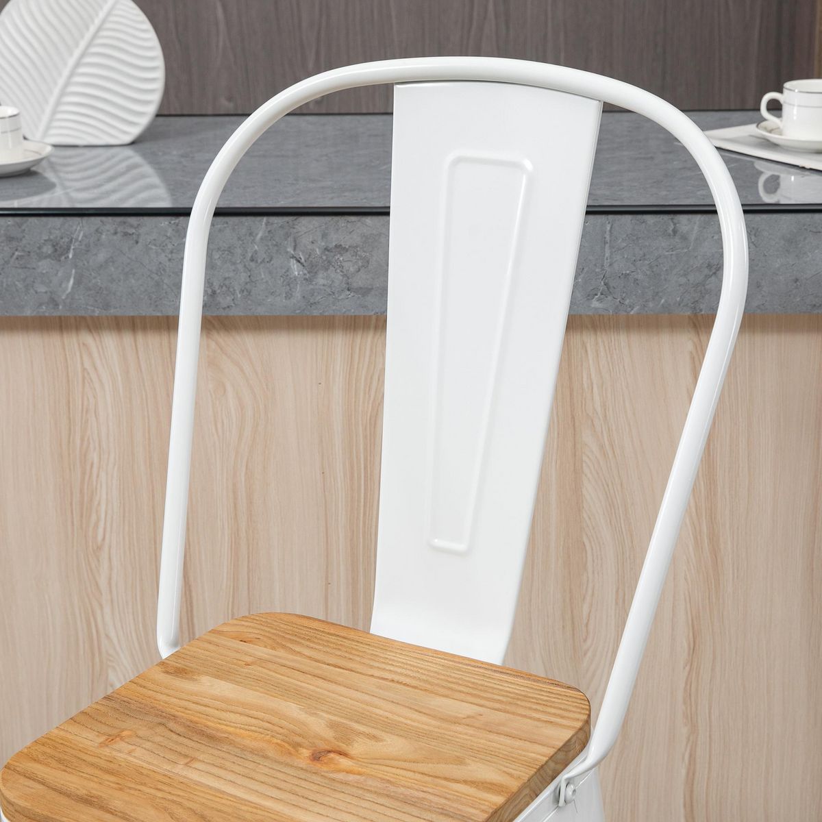 HOMCOM Lot de 4 tabourets de bar industriel avec dossier repose-pied hauteur assise 76 cm acier blanc bois d'orme