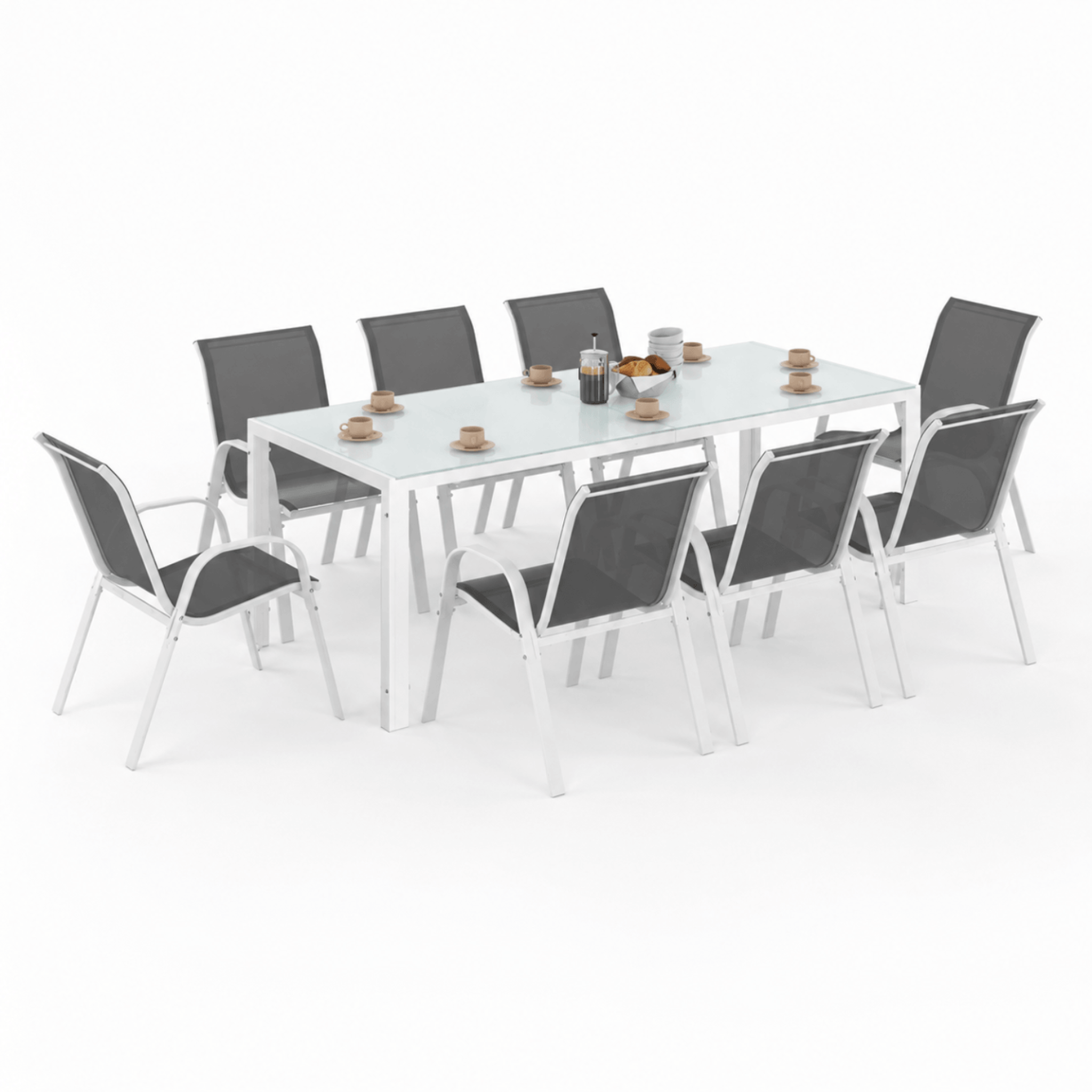ID MARKET Salon de jardin MADRID table 190 cm et 8 chaises empilables blanc et gris