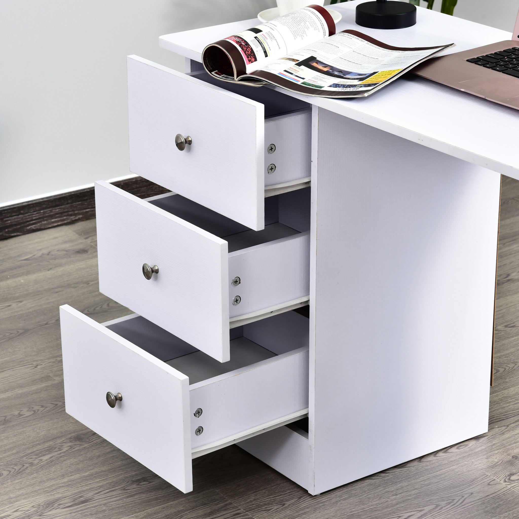 Voir la diapositive 6 : HOMCOM Bureau informatique multimédia multi-rangements 3 tiroirs 2 étagères 120L x 49l x 72H cm blanc