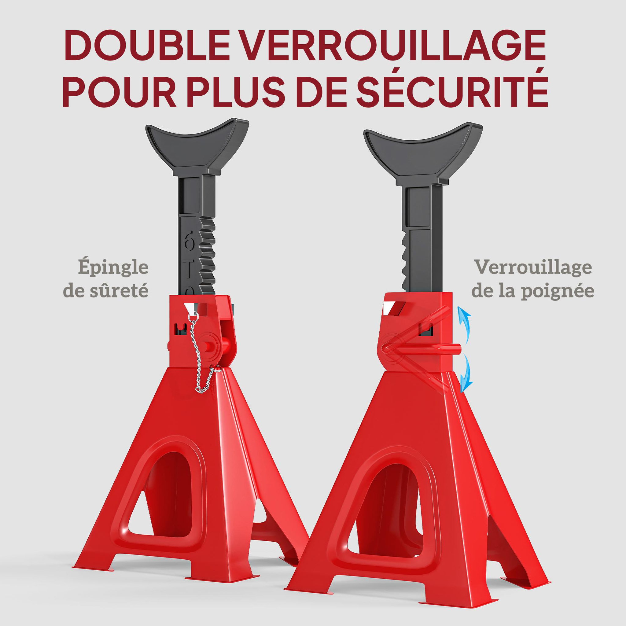Voir la diapositive 6 : HOMCOM Lot de 2 chandelles - jusqu'à 6000 Kg par chandelle - H.375-592 mm - 4 pieds - acier rouge noir