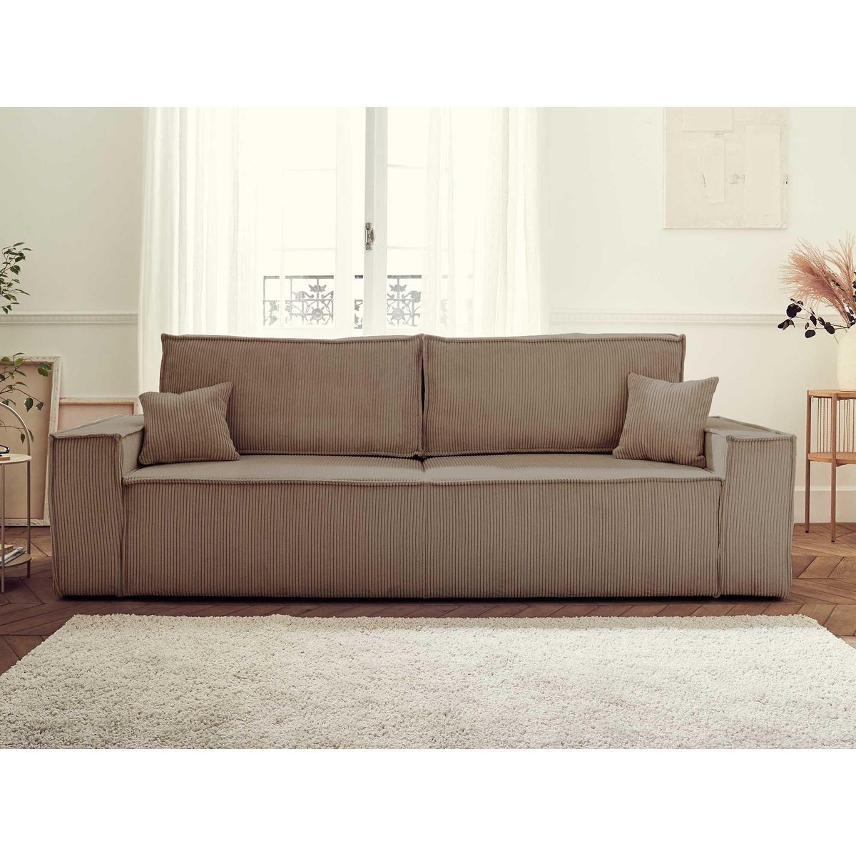 BEST MOBILIER Dellia - canapé 3 places convertible - avec coffre - en velours côtelé - style contemporain