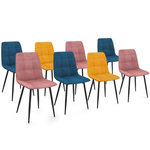 ID MARKET Lot de 8 chaises MILA en velours mix color bleu x3, rose x3, jaune ocre x2