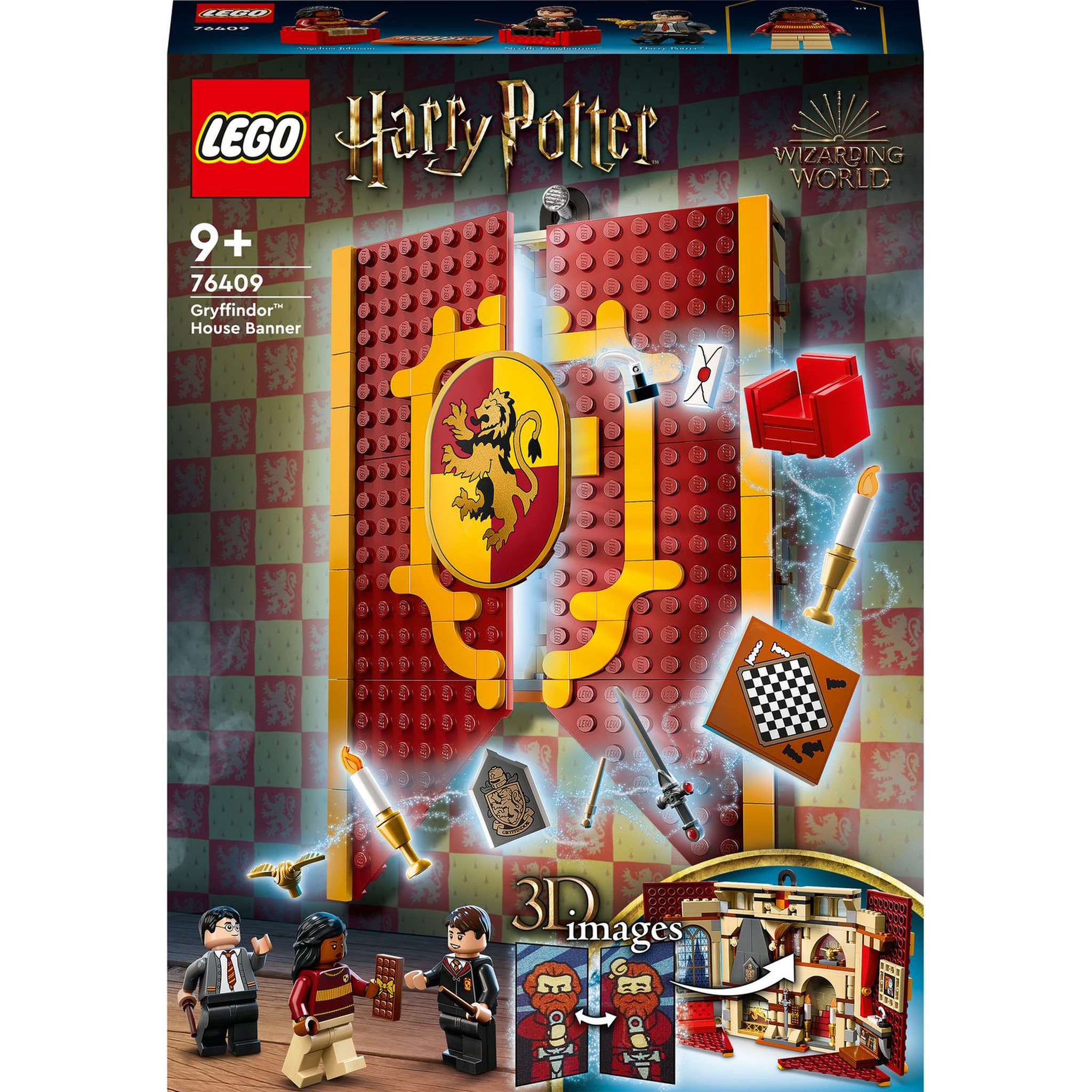 LEGO Harry Potter 76409 - Le blason de la maison Gryffondor, jouet avec 3 Minifigurines, Décoration Murale de la Salle Commune du Château de Poudlard, Collection