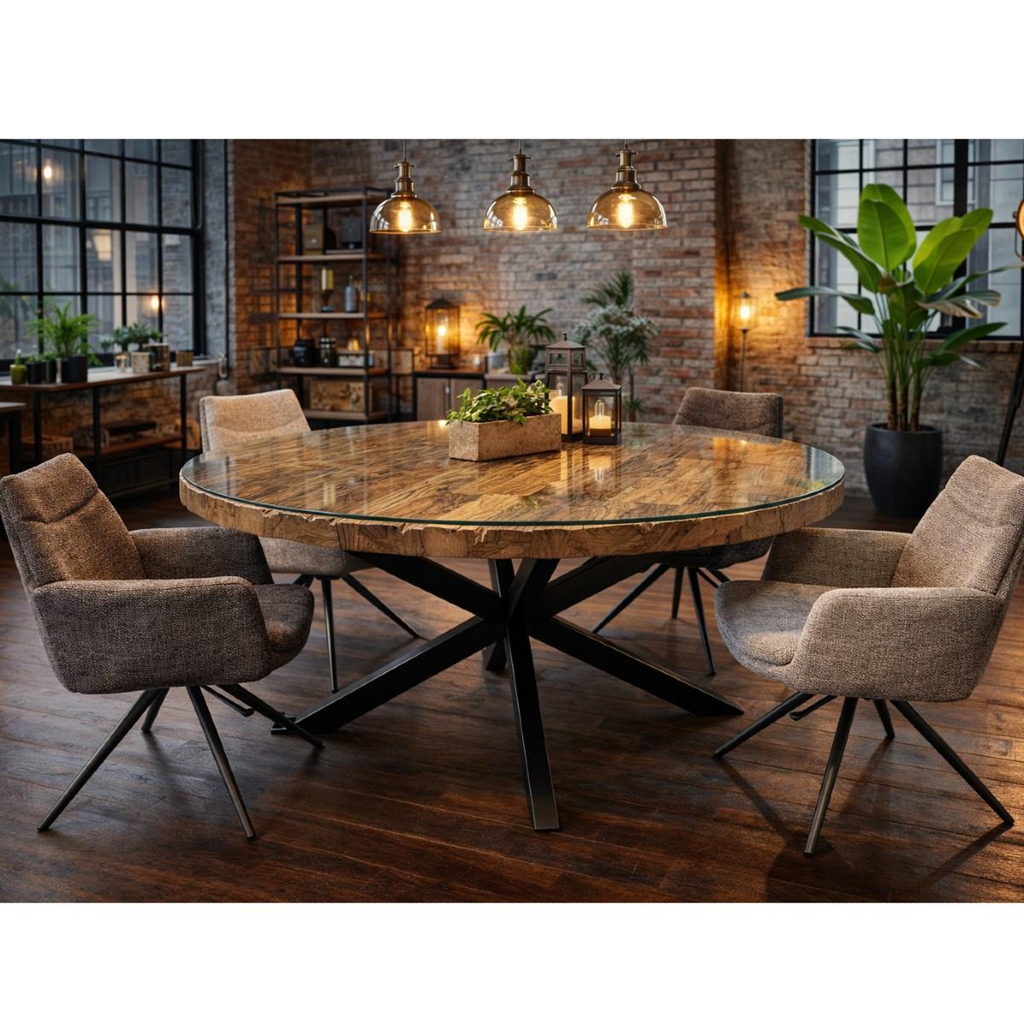 Voir la diapositive 2 : JLC KREATION Table à manger ronde en bois et verre 150cm KLASS