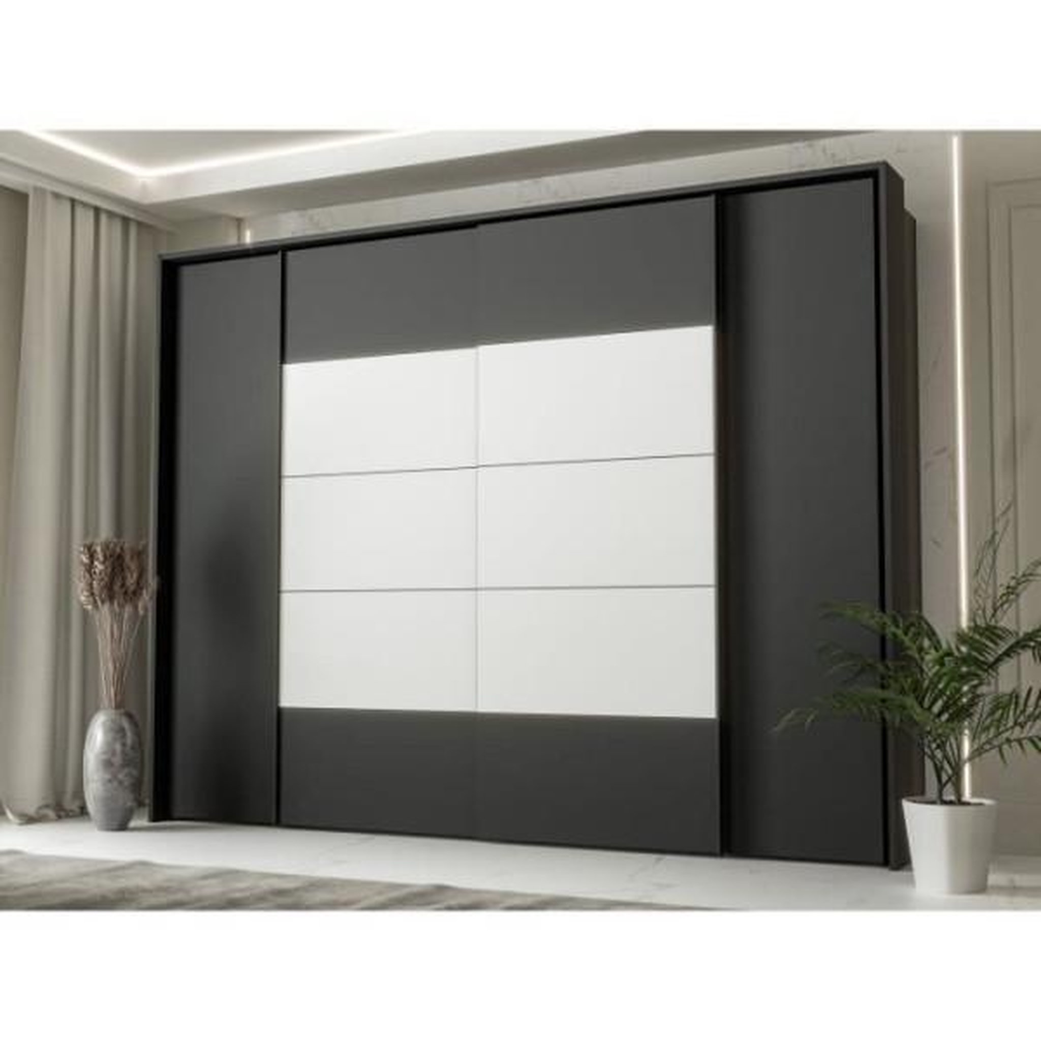 Voir la diapositive 2 : MARKET24 Armoire de chambre - NARAGO - Noir / Blanc - 2 portes battantes, 2 portes coulissantes - 270,3 x 61,2 x 210,5 cm