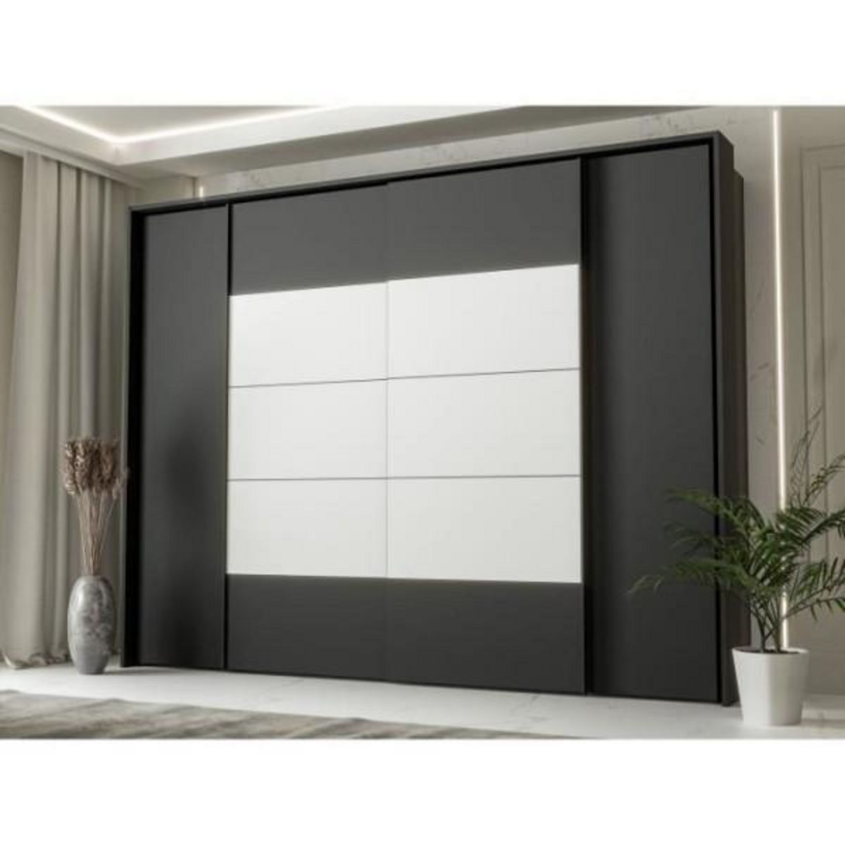 MARKET24 Armoire de chambre - NARAGO - Noir / Blanc - 2 portes battantes, 2 portes coulissantes - 270,3 x 61,2 x 210,5 cm