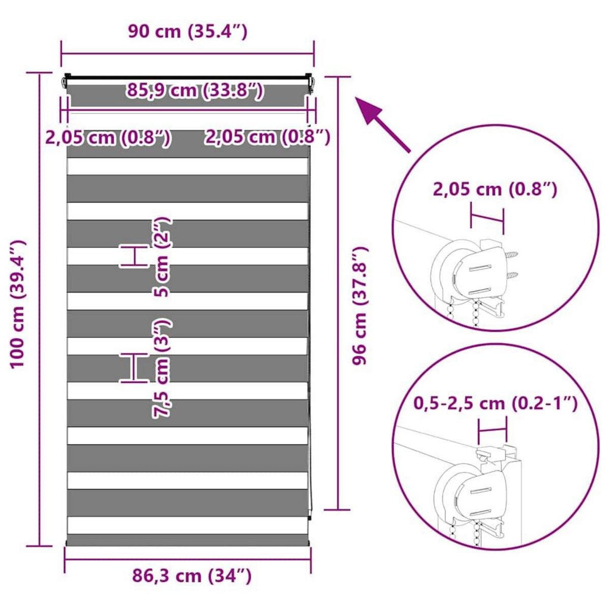 VIDAXL Store zebre blanc 90x100 cm largeur du tissu 85,9 cm polyester