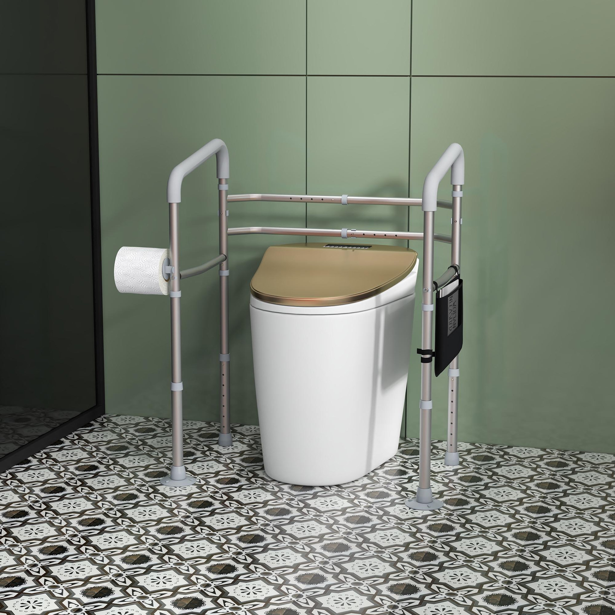 Voir la diapositive 4 : HOMCOM Cadre de sécurité de toilettes - cadre de toilettes réglable - barres d'appui rembourrées pour toilettes - alu. EVA gris
