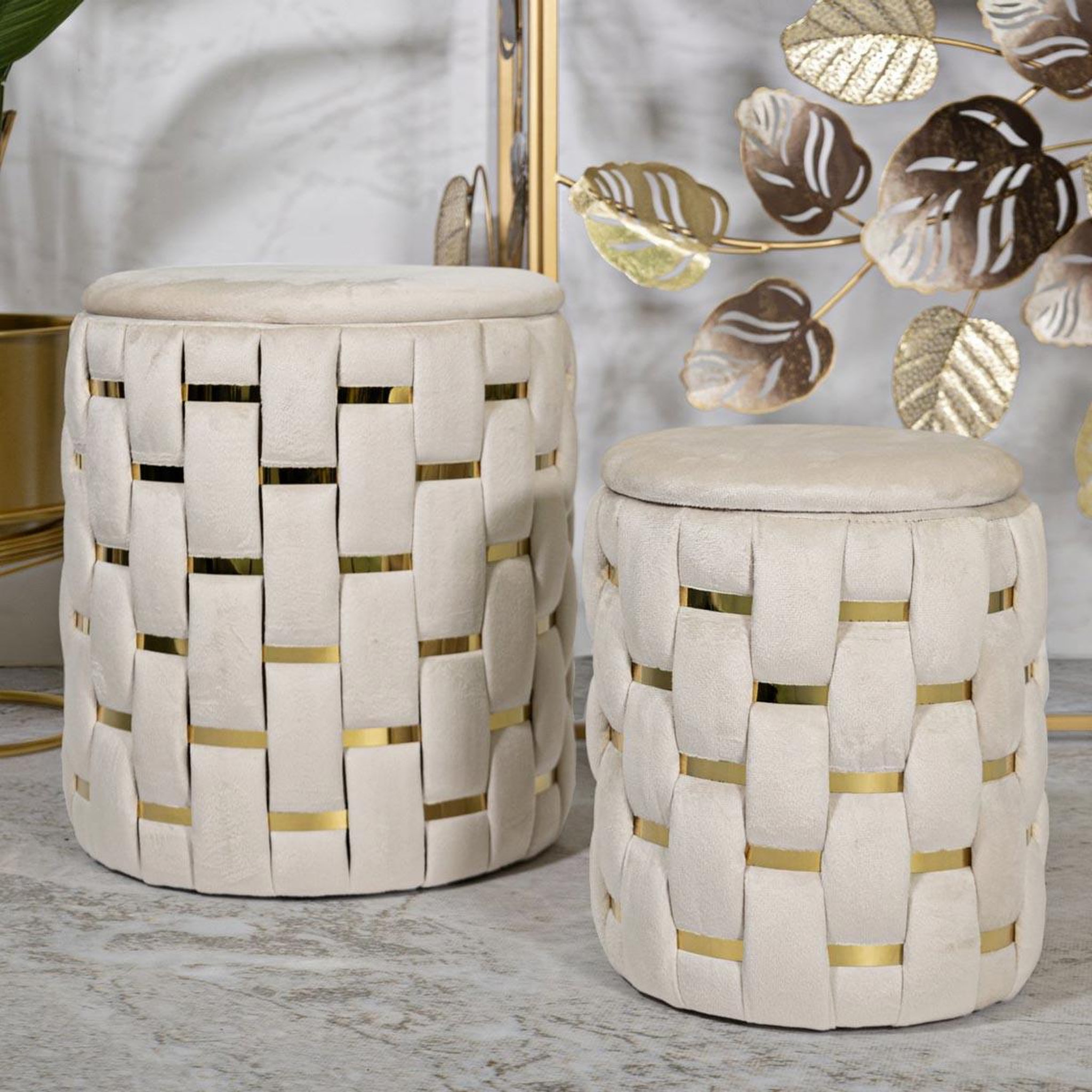 Voir la diapositive 5 : Paris Prix Lot de 2 poufs coffres  shanty  42cm crème & or