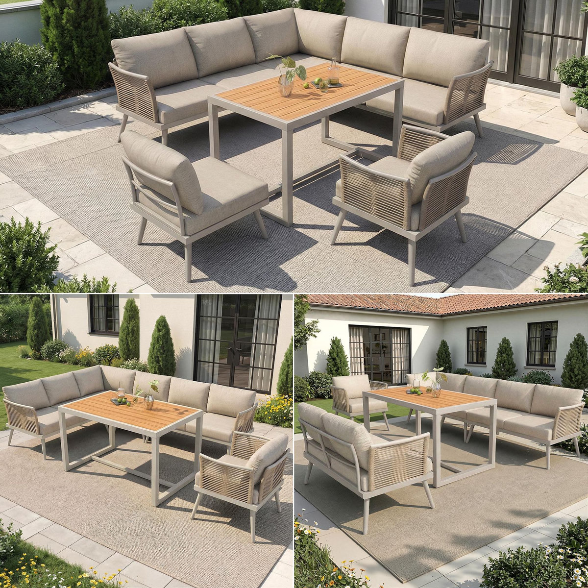 MERAX Salon de jardin repas 7 places en métal avec table, canapé d'angle et fauteuils