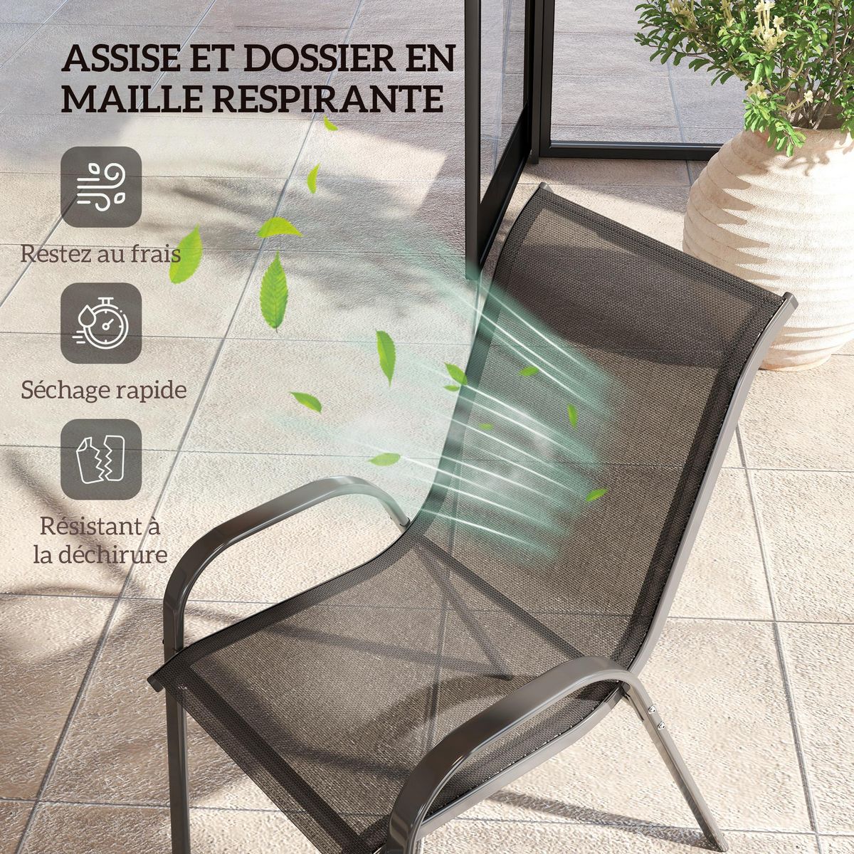 OUTSUNNY Lot de 4 chaises de jardin empilables - assise ergonomique, haut dossier, accoudoirs - acier textilène noir