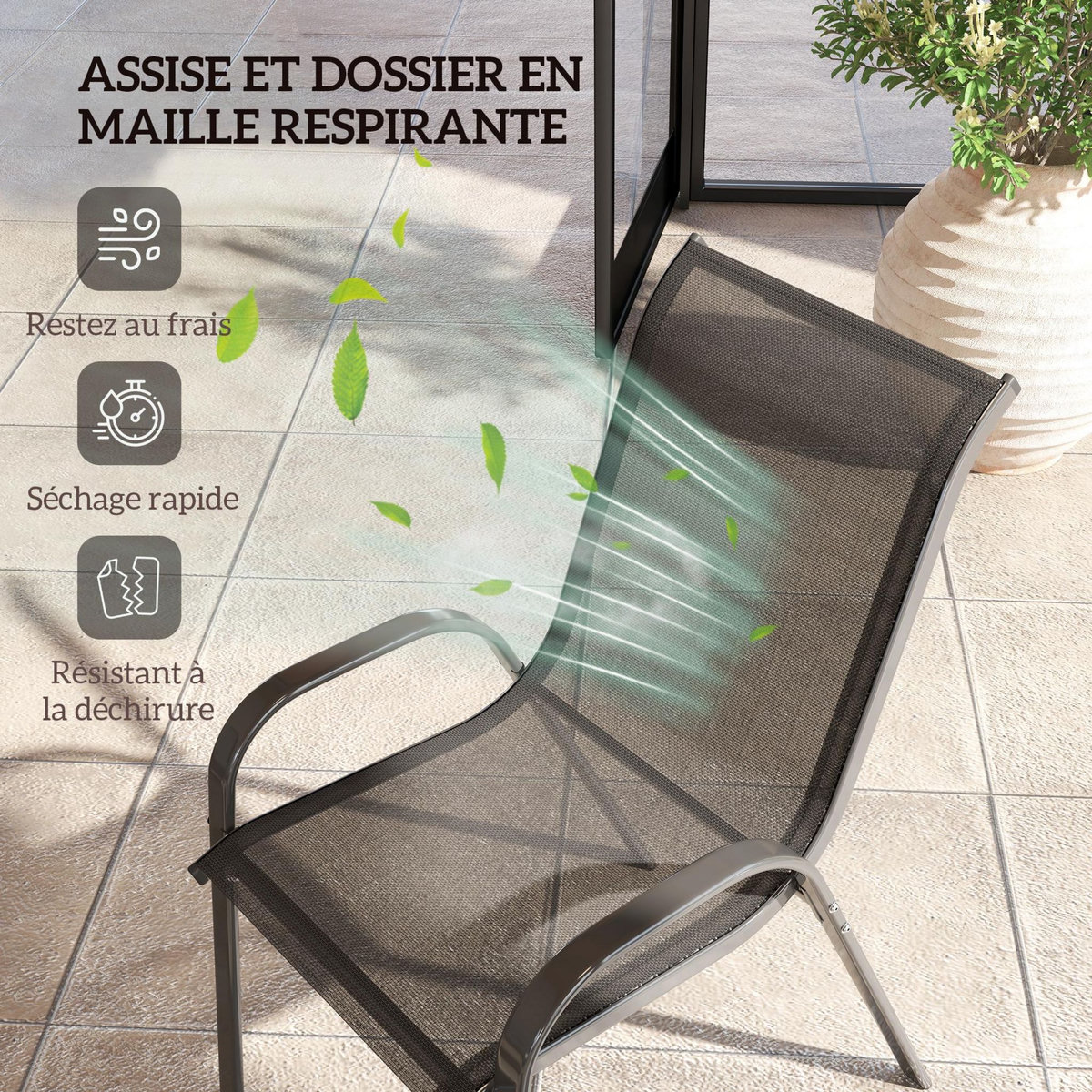 OUTSUNNY Lot de 4 chaises de jardin empilables - assise ergonomique, haut dossier, accoudoirs - acier textilène noir