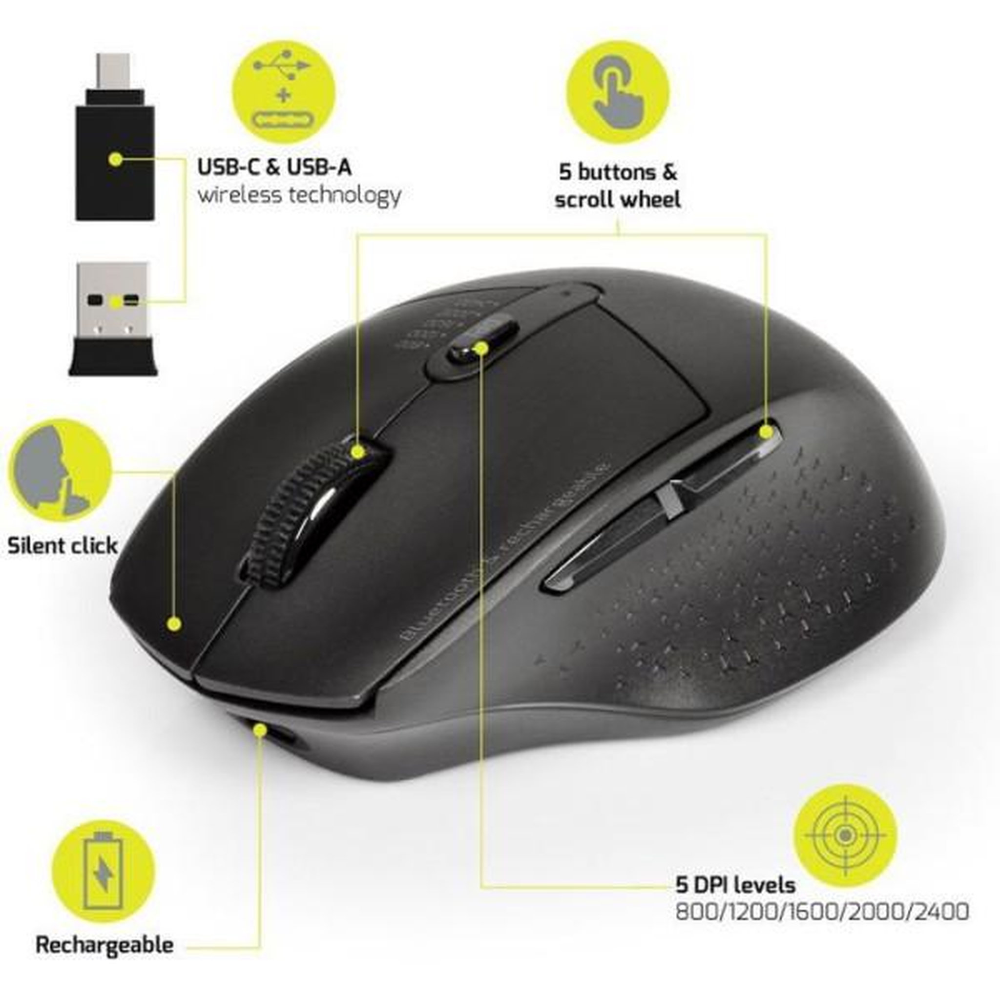 Voir la diapositive 4 : PORT DESIGNS Souris sans fil - PORT Designs - 900715 PRO - Bluetooth & 2.4 GHz - Rechargeable - Noir