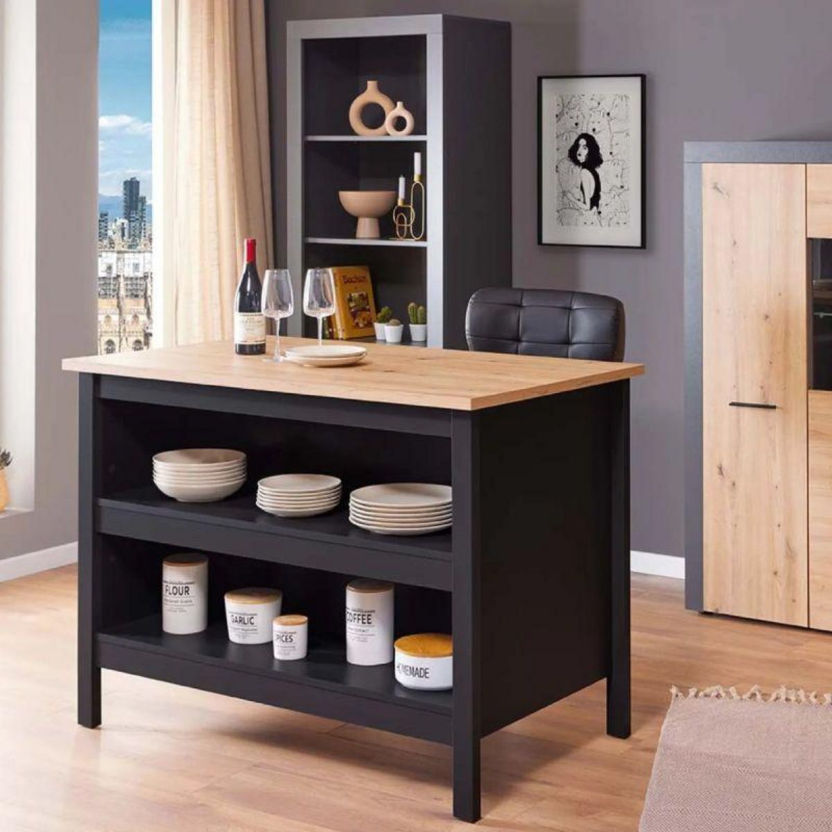 Paris Prix Ilot de Cuisine  Melina  124cm Noir & Chêne