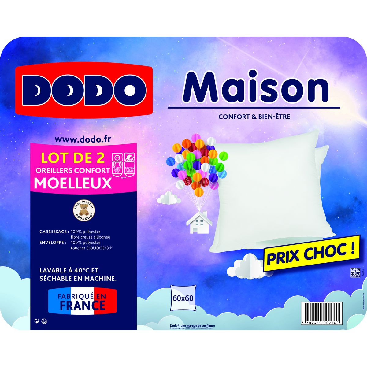 DODO Lot de 2 Oreillers Moelleux en polyester 500g/m2 MAISON