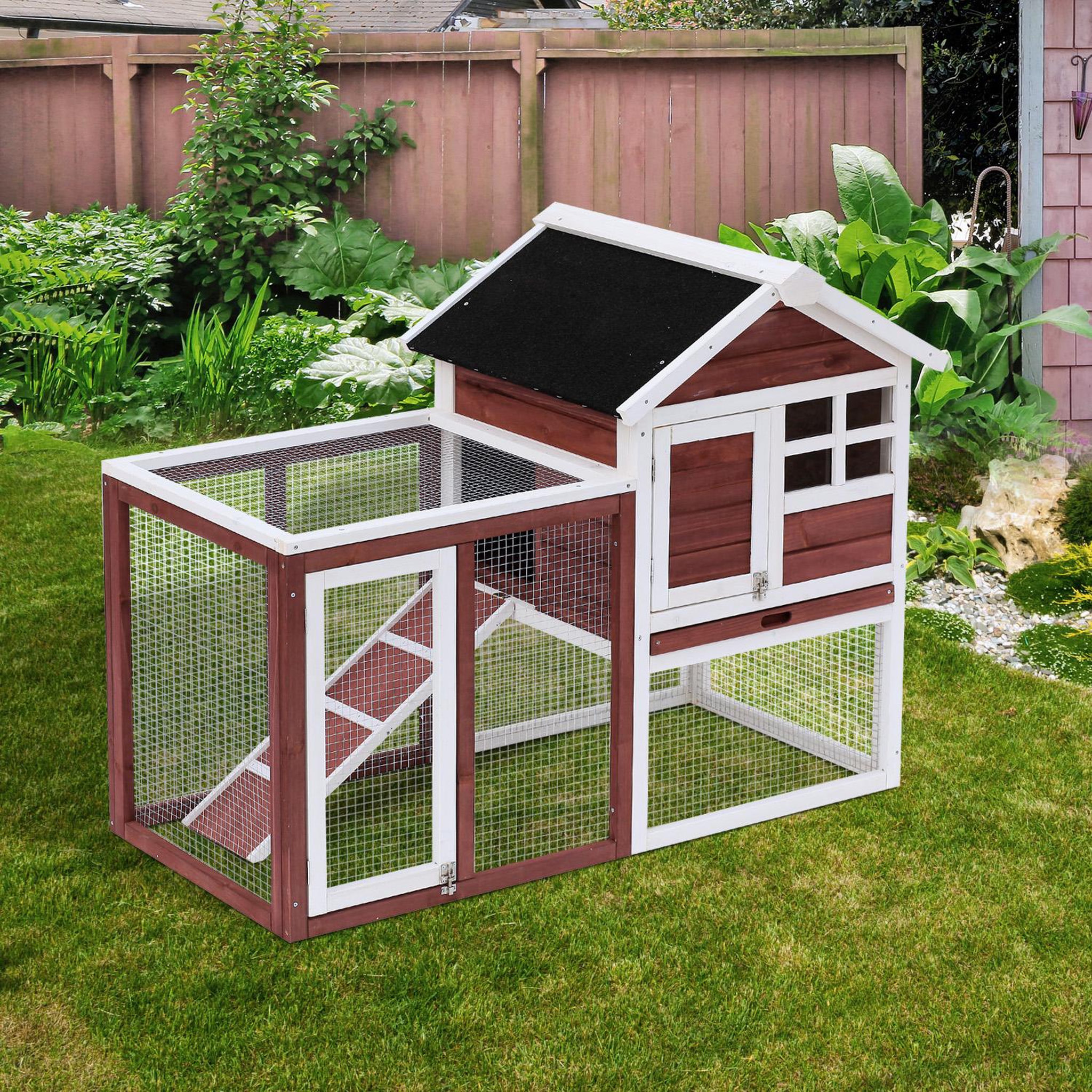 Voir la diapositive 2 : PAWHUT Clapier cage à lapins multi-équipé : niche supérieure avec rampe, plateau excrément, fenêtre + enclos  extérieur sécurisé 2 portes 122l x 63l x 92h cm rouge brique