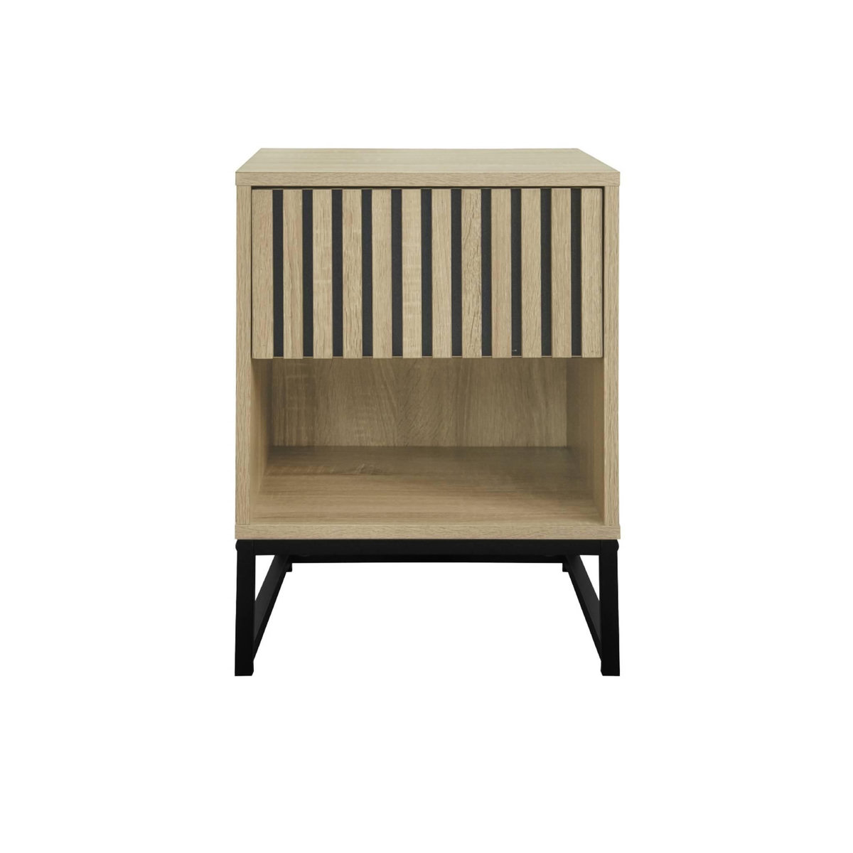 SWEEEK Table de chevet style contemporain avec 1 tiroir effet bois rainuré (système d'ouverture par pression) et 1 niche. piètement en métal noir