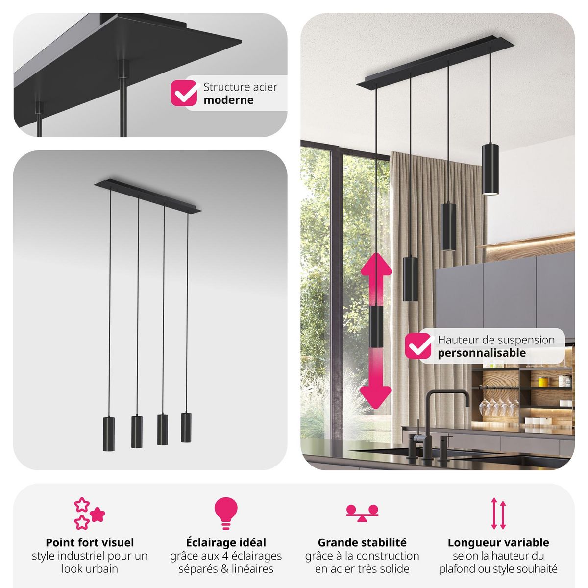 tectake Plafonnier 4 ampoules 4x GU10, 40 W noir